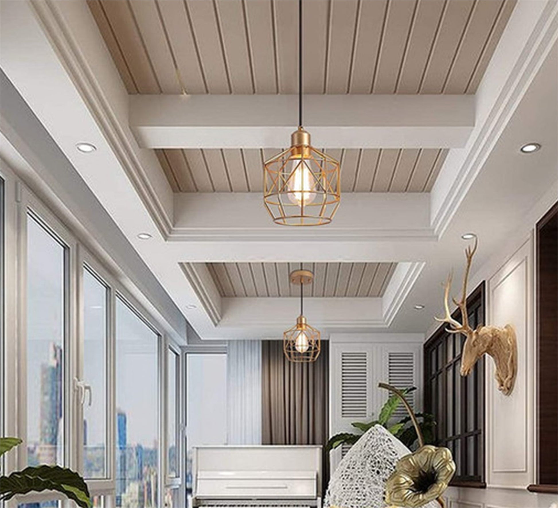 Large gold ribbed metal cage chandelier - Vitrine Furniture - Lighting