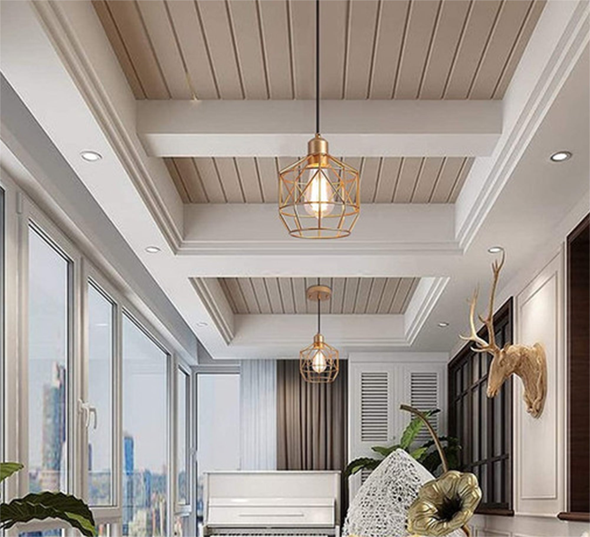 Large gold ribbed metal cage chandelier - Vitrine Furniture - Lighting