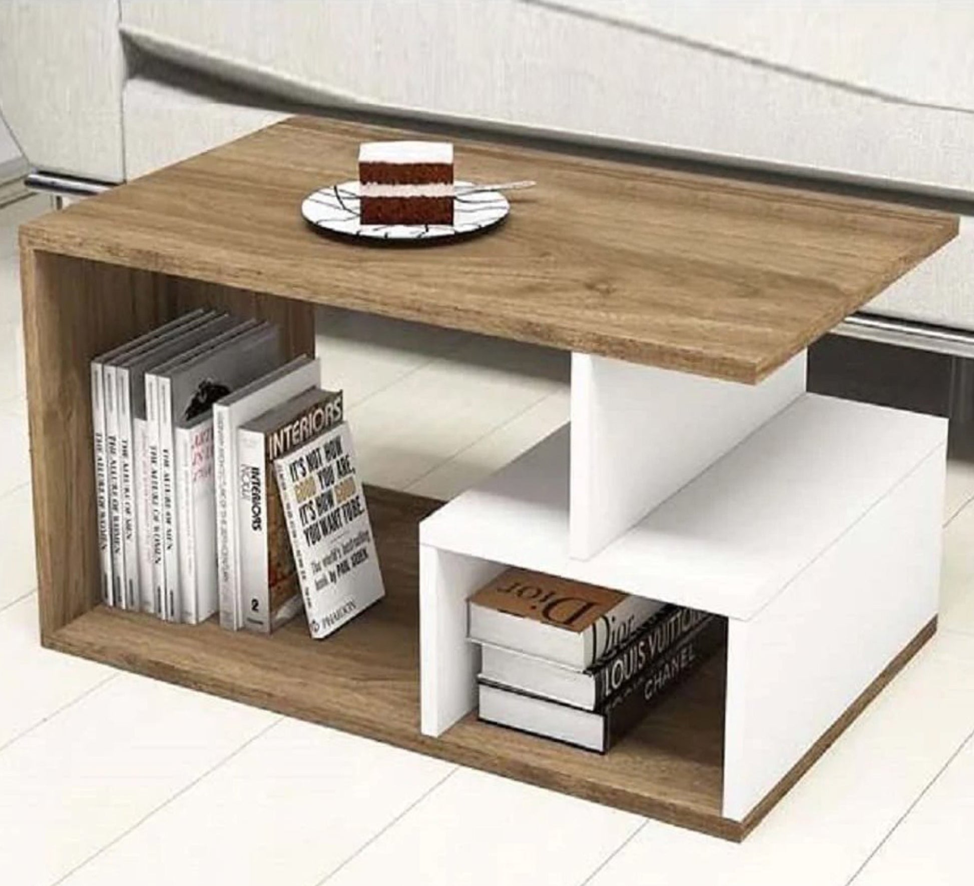 Letter C center table in white and wooden caffee - Vitrine Furniture - Furniture