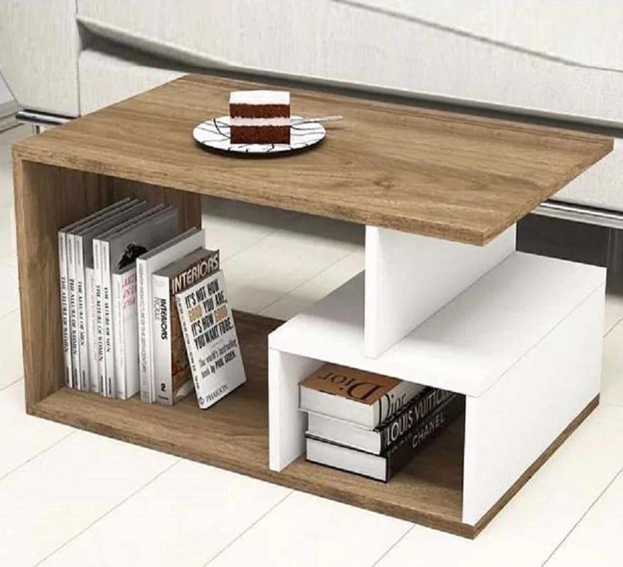 Letter C center table in white and wooden caffee - Vitrine Furniture - Furniture