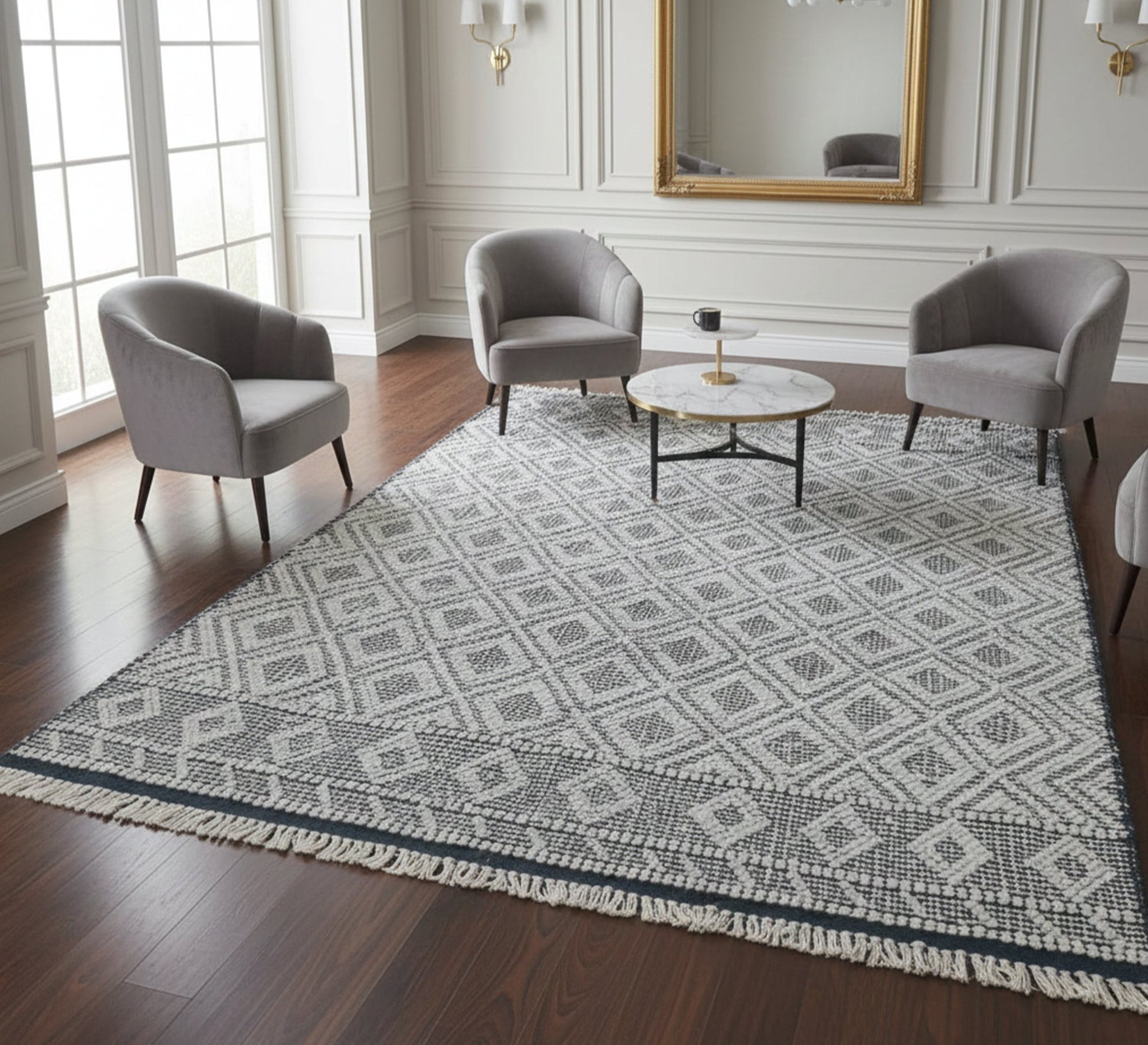 Light - colored rug with a white geometric diamond pattern - Vitrine Furniture - Accessories