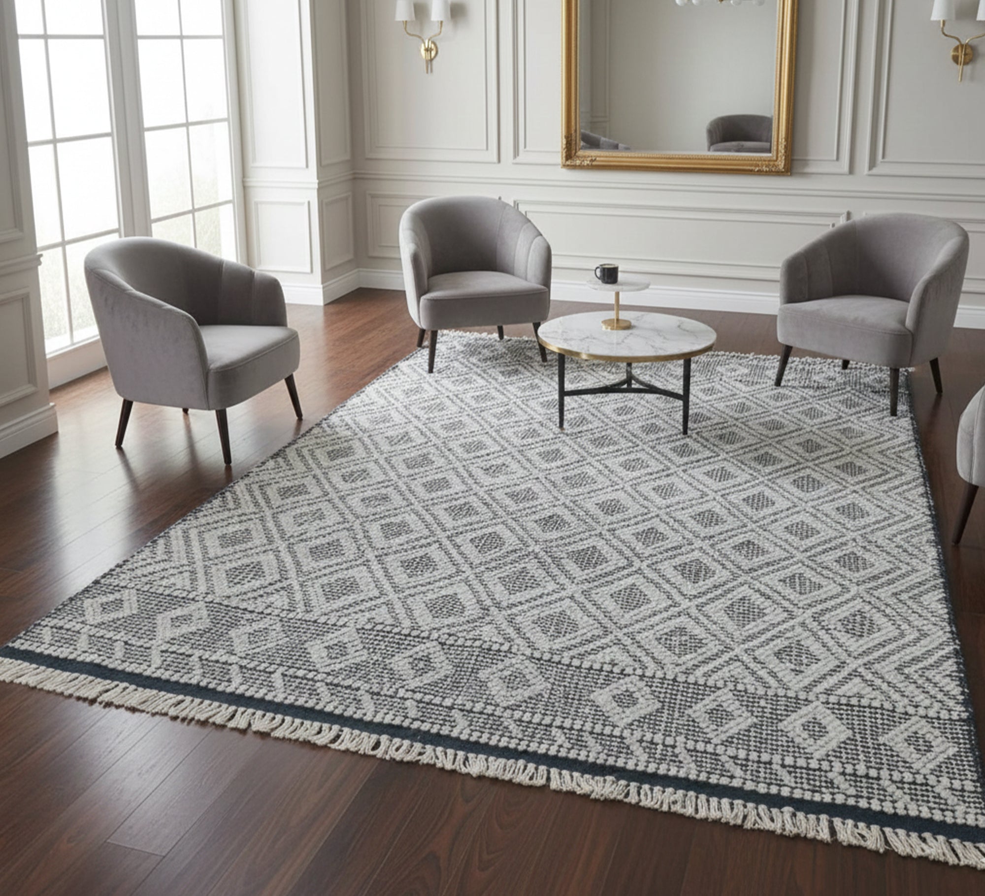 Light - colored rug with a white geometric diamond pattern - Vitrine Furniture - Accessories