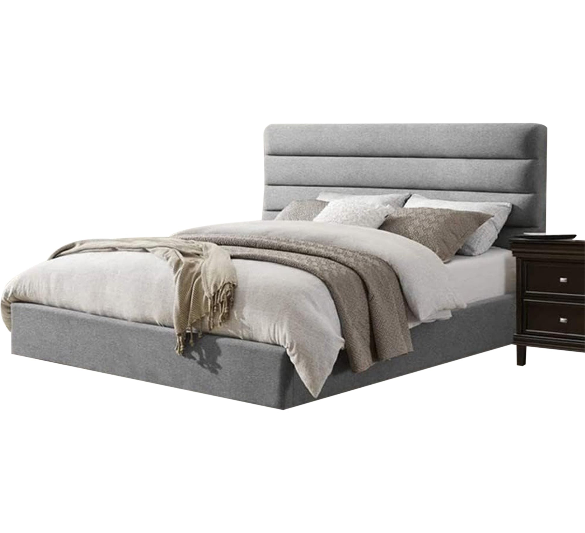 Light gray bed with a horizontally upholstered capitone headboard - Vitrine Furniture - Furniture