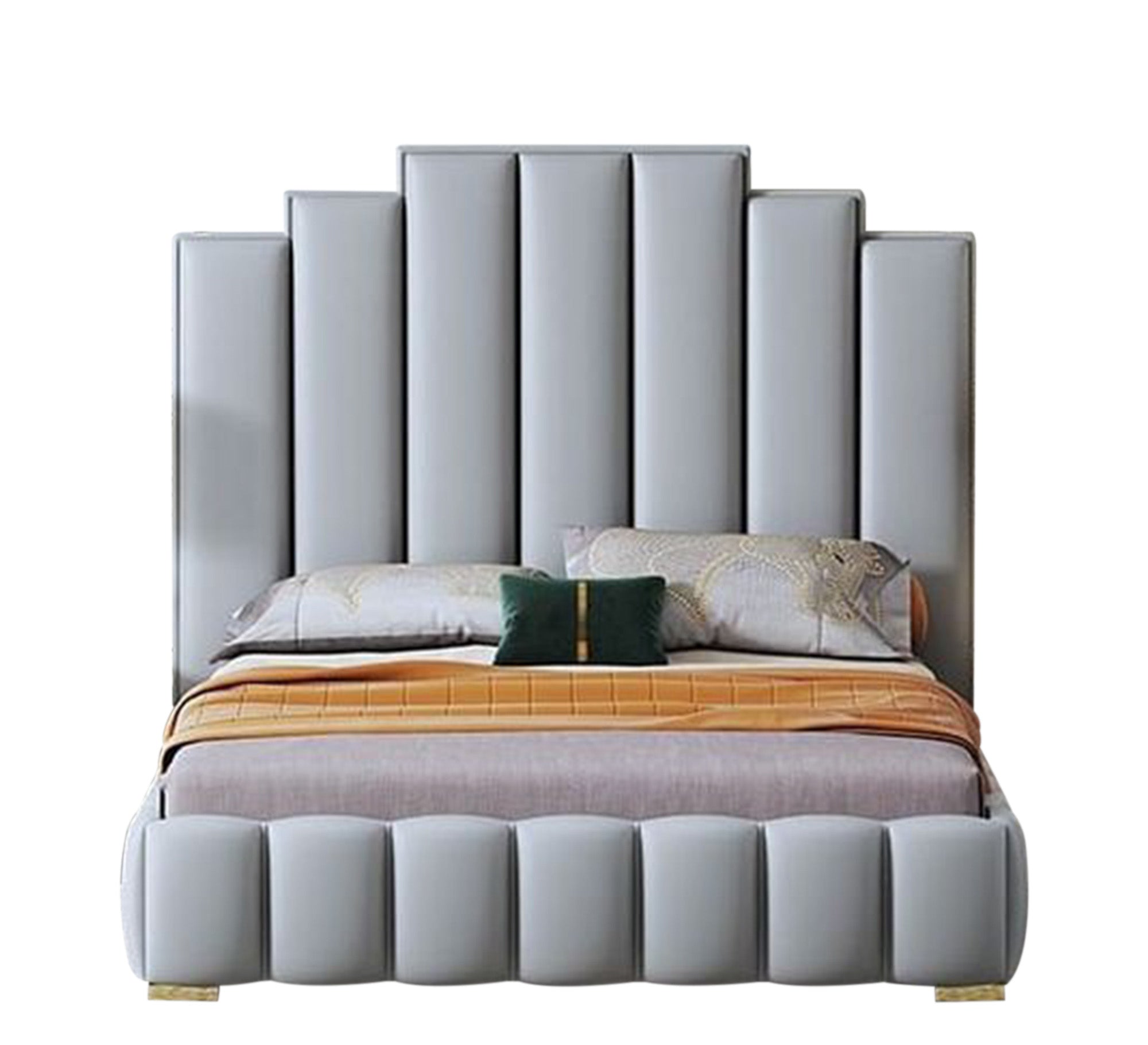 Light gray bed with a unique headboard - Vitrine Furniture - Furniture