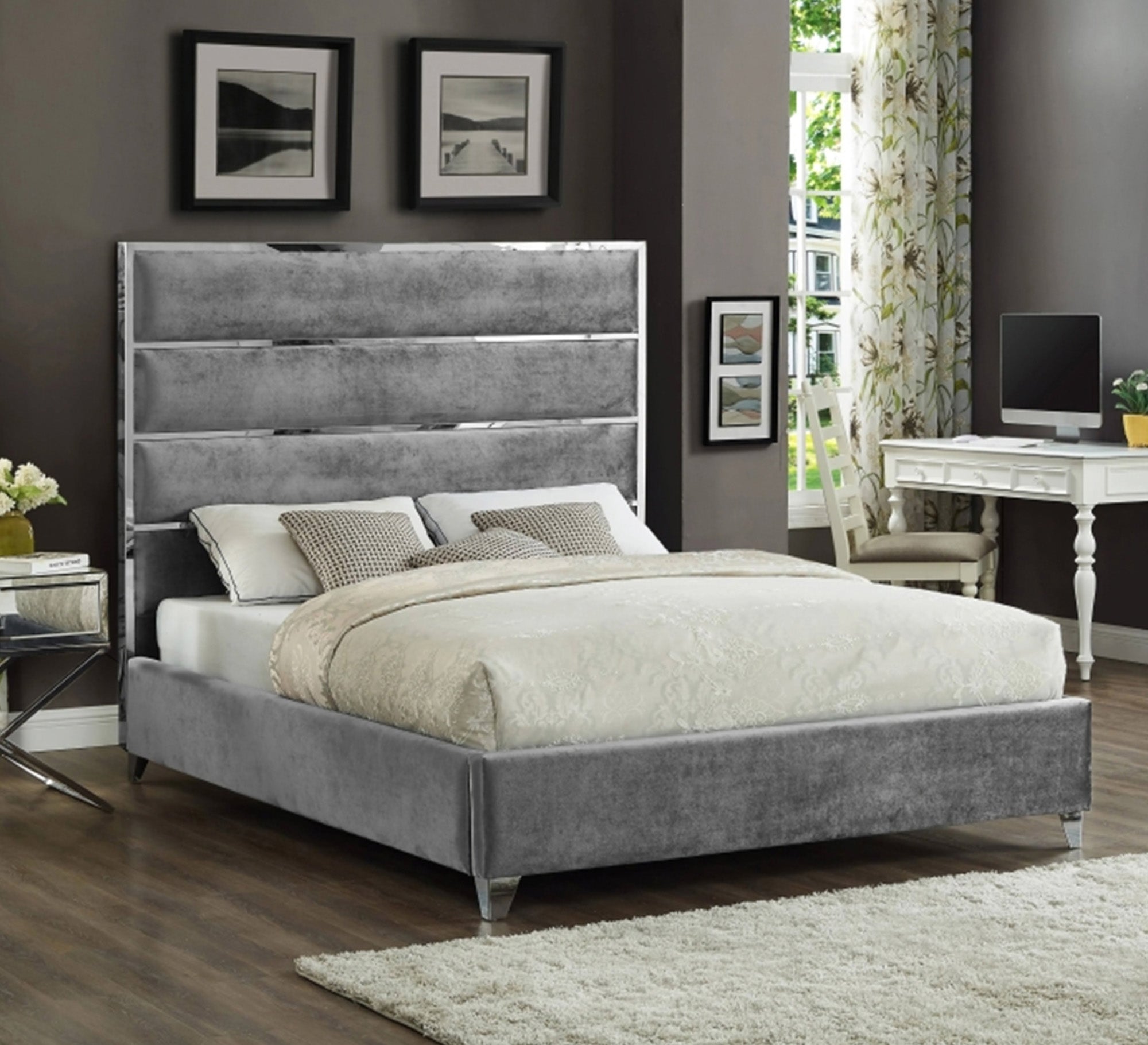 Light gray bed with velvet back - Vitrine Furniture - Furniture