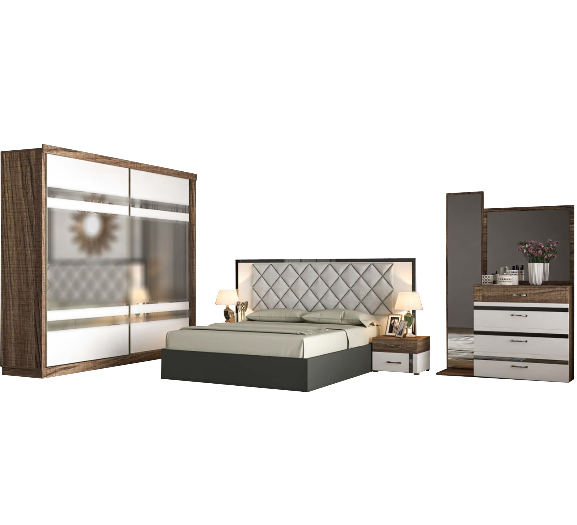 light gray * wooden brown woman bedroom - Vitrine Furniture - Bed Sets