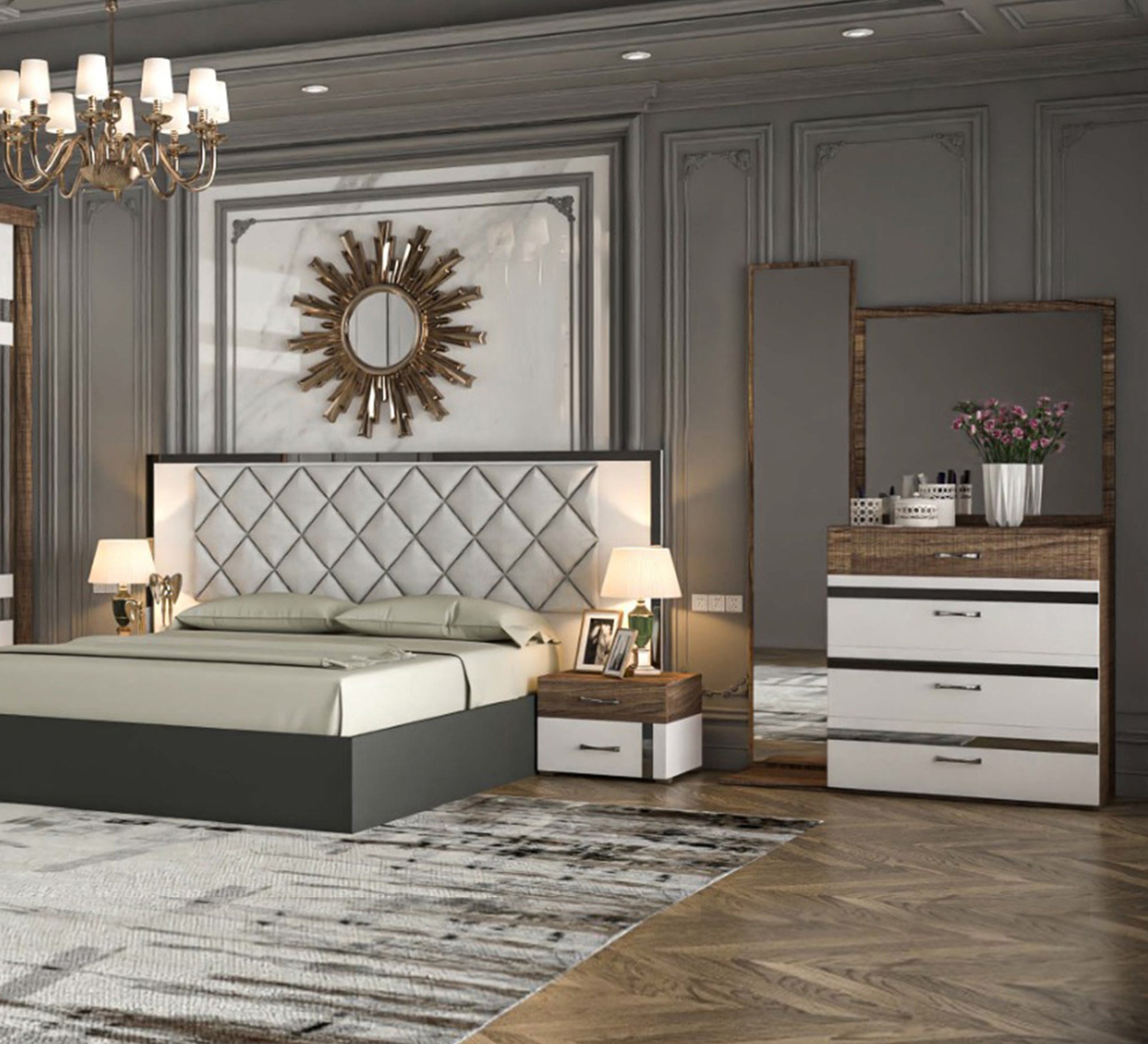 light gray * wooden brown woman bedroom - Vitrine Furniture - Bed Sets