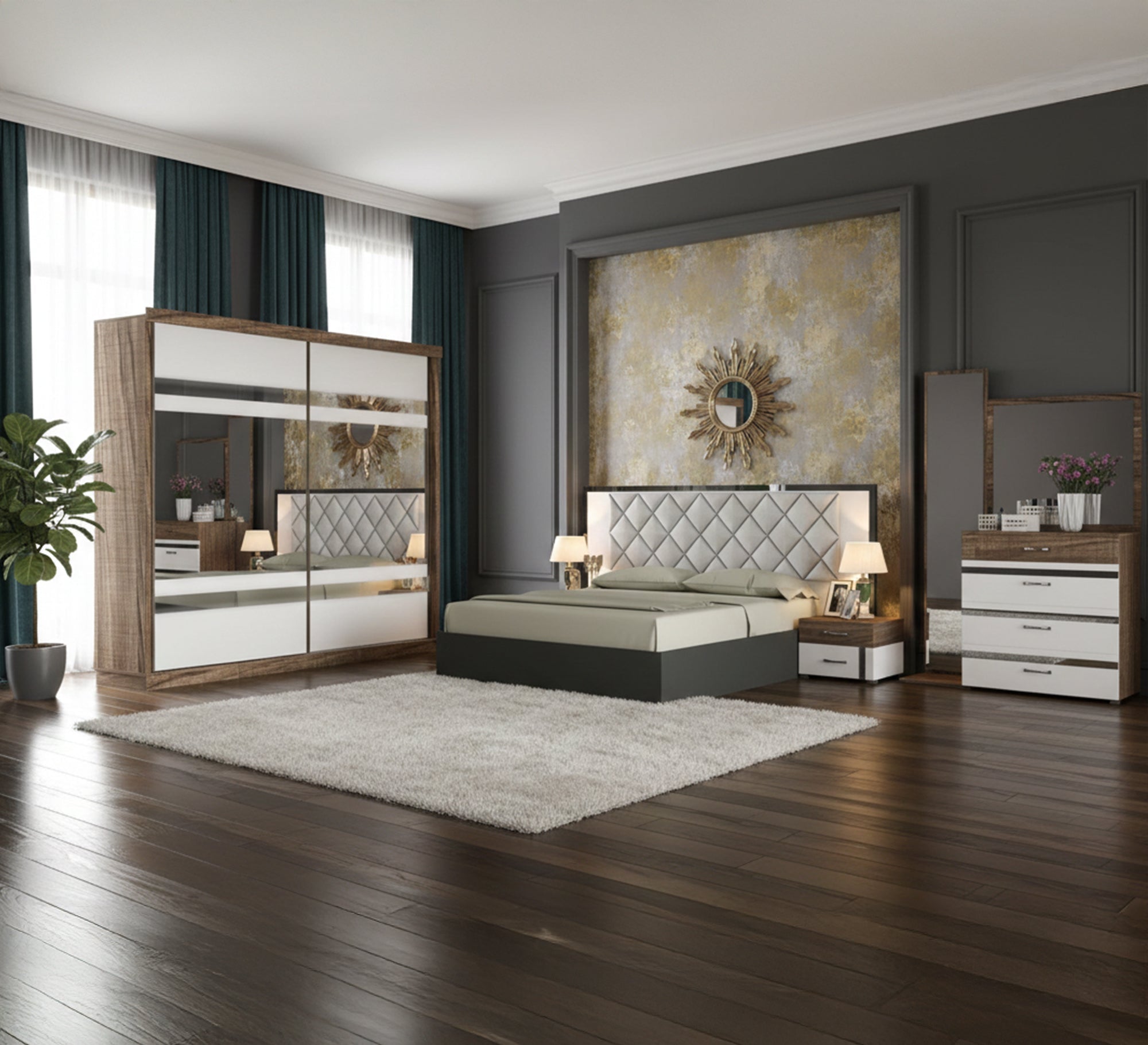 light gray * wooden brown woman bedroom - Vitrine Furniture - Bed Sets