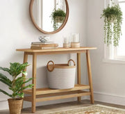 Light wood console table with round mirror top - Vitrine Furniture - Furniture
