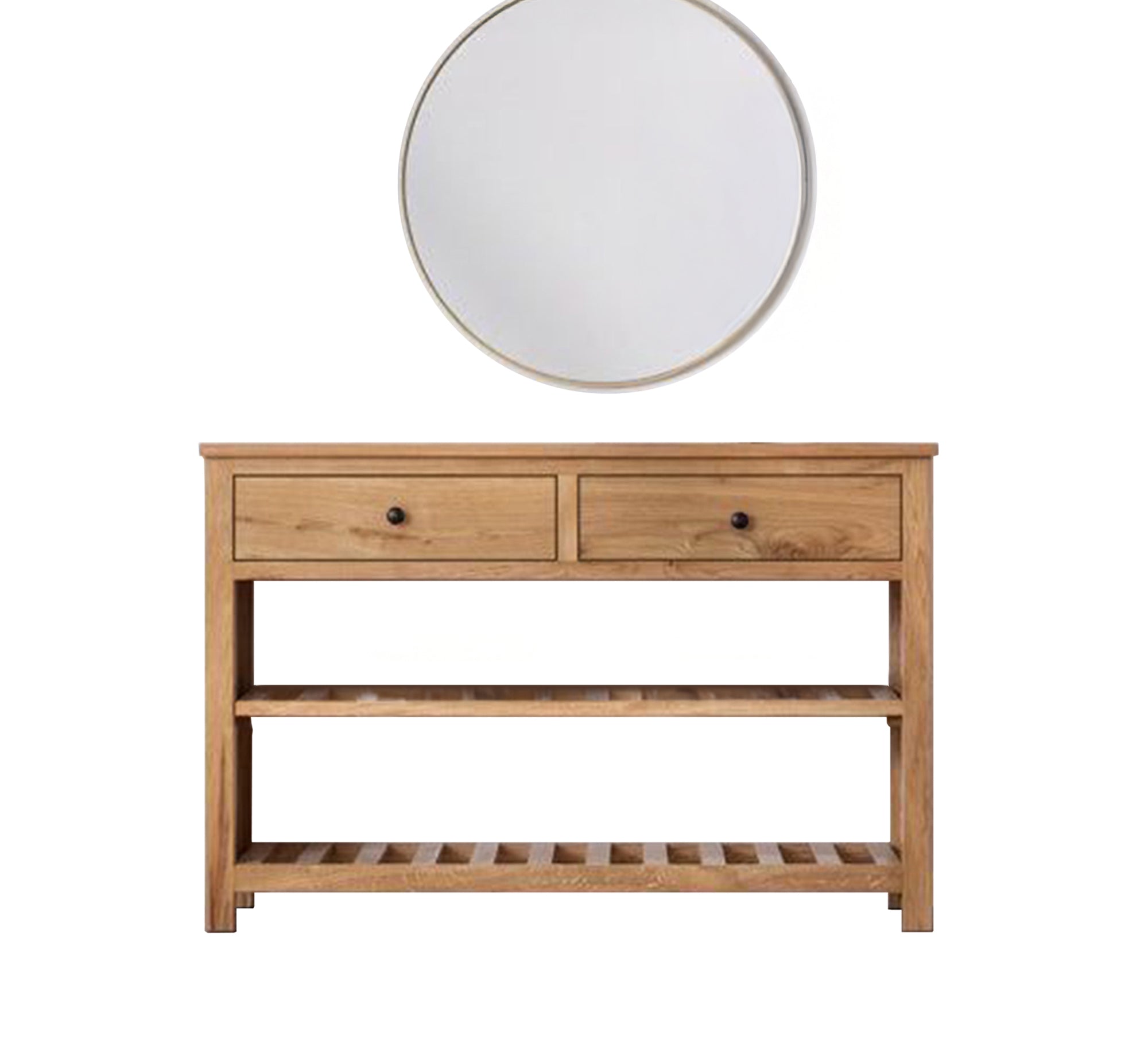 Light wood console table with two drawers and two shelves with a round mirror top - Vitrine Furniture - Furniture