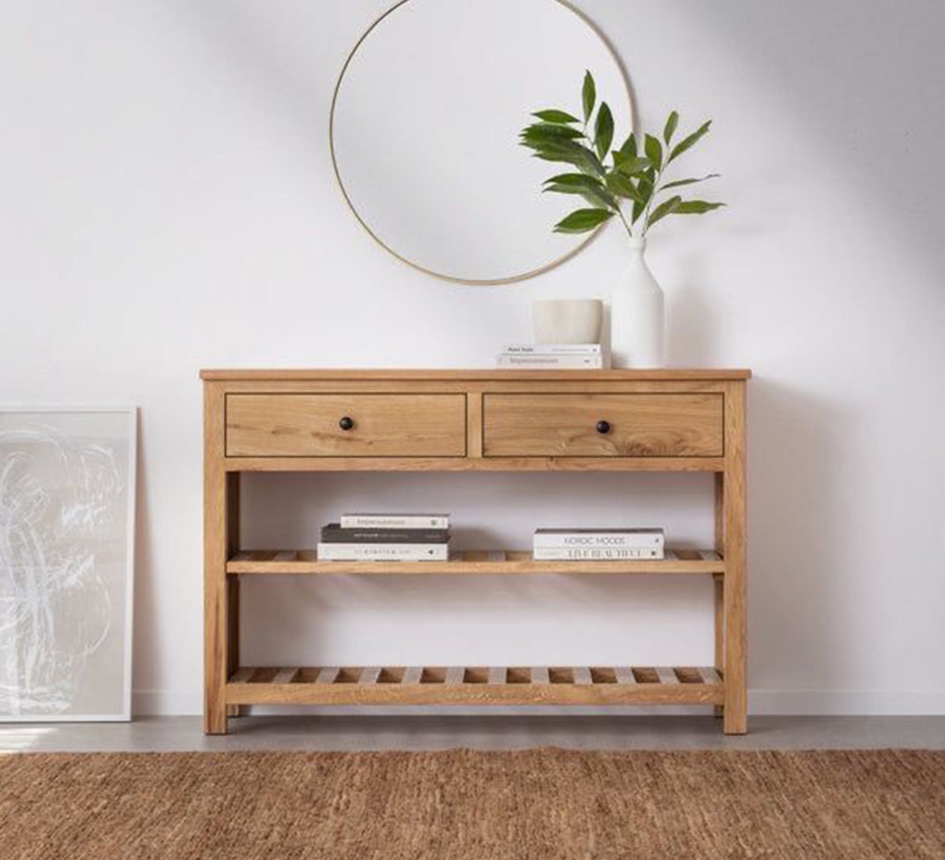 Light wood console table with two drawers and two shelves with a round mirror top - Vitrine Furniture - Furniture