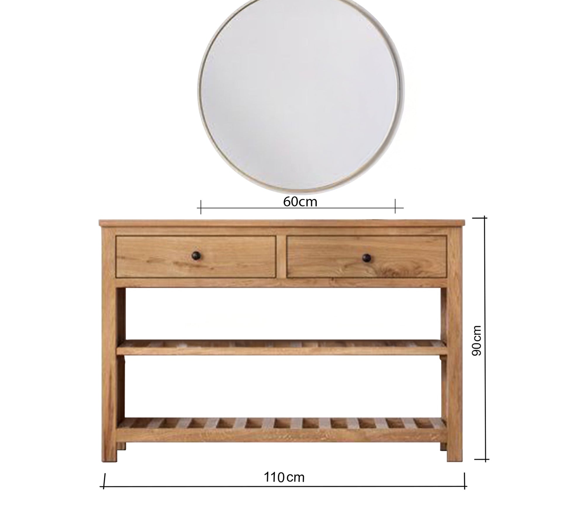 Light wood console table with two drawers and two shelves with a round mirror top - Vitrine Furniture - Furniture