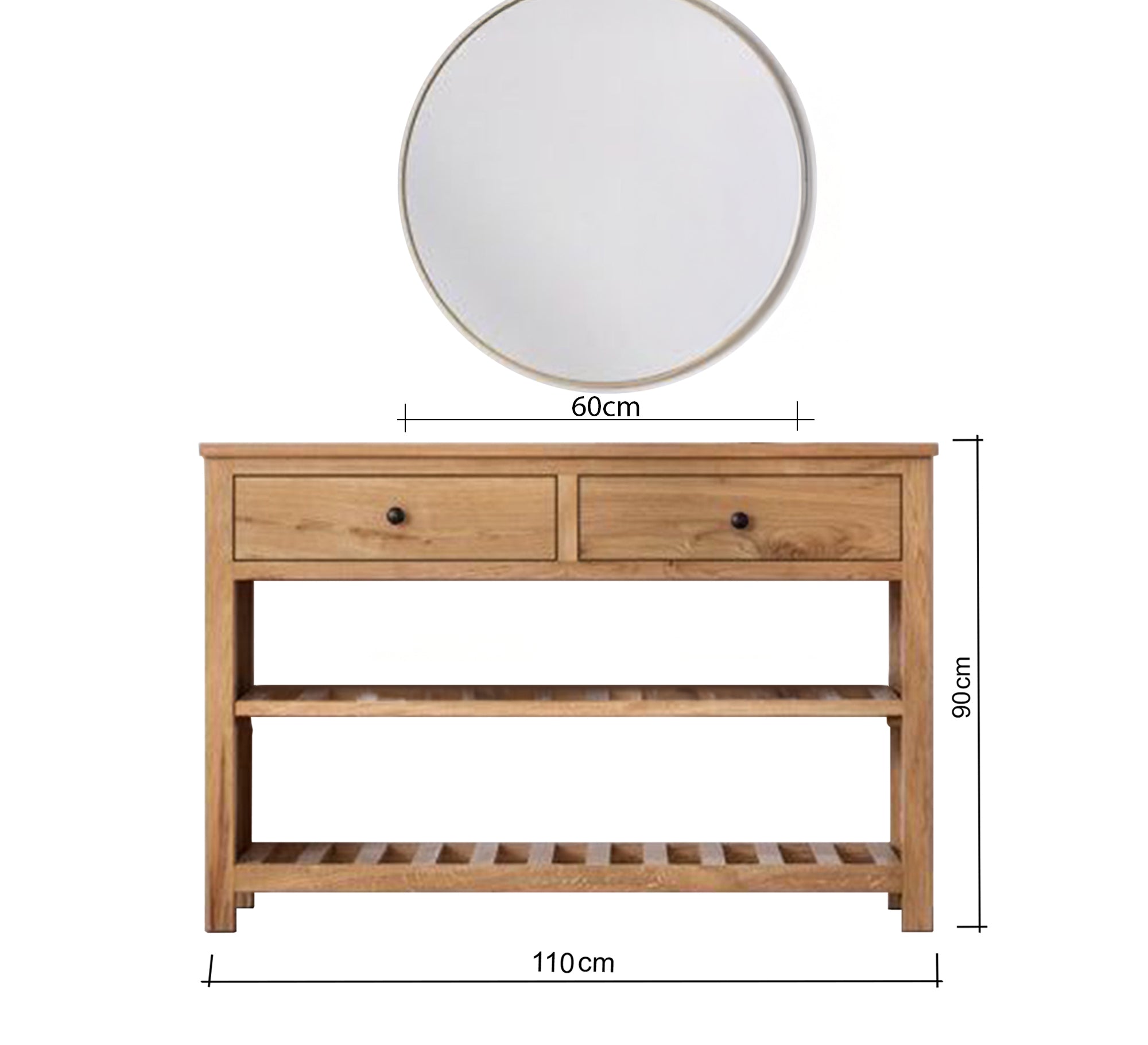 Light wood console table with two drawers and two shelves with a round mirror top - Vitrine Furniture - Furniture