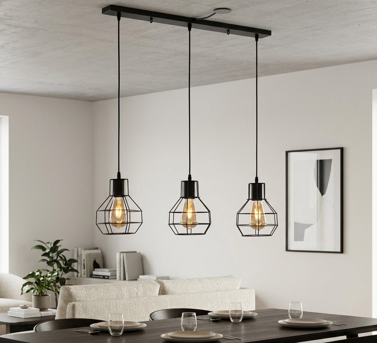 Linear chandelier with three black bell-shaped metal shades - Vitrine Furniture - Ceiling lights