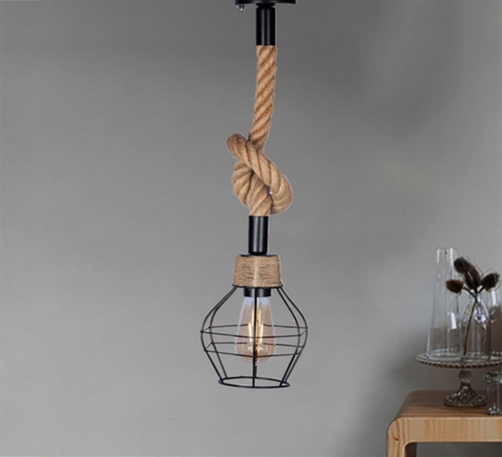 Linen rope pendant with a spherical metal cage - Vitrine Furniture - Lighting