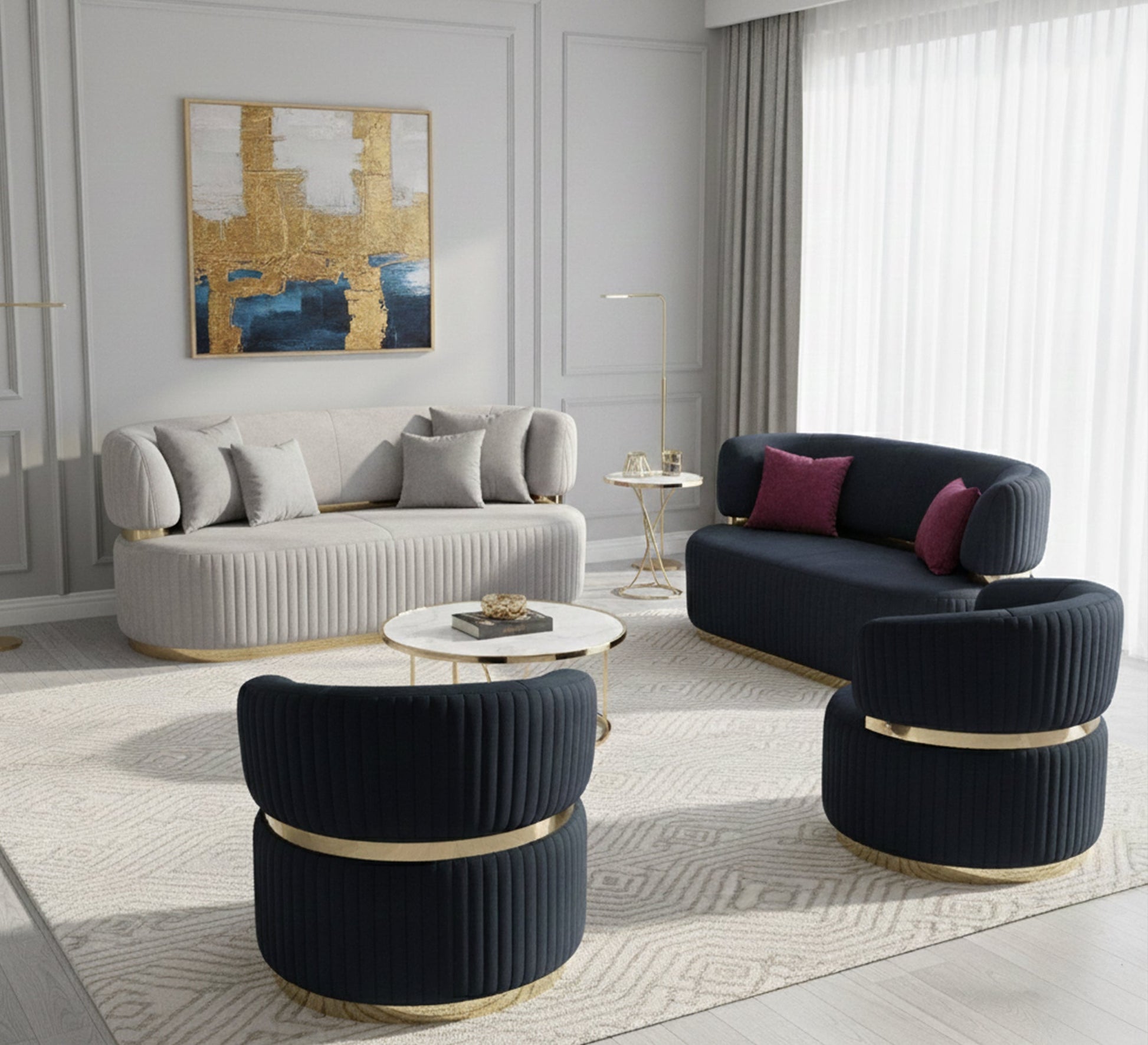 Living Room: Circular Bases, Blue & White Elegance - Vitrine Furniture - Living room sets