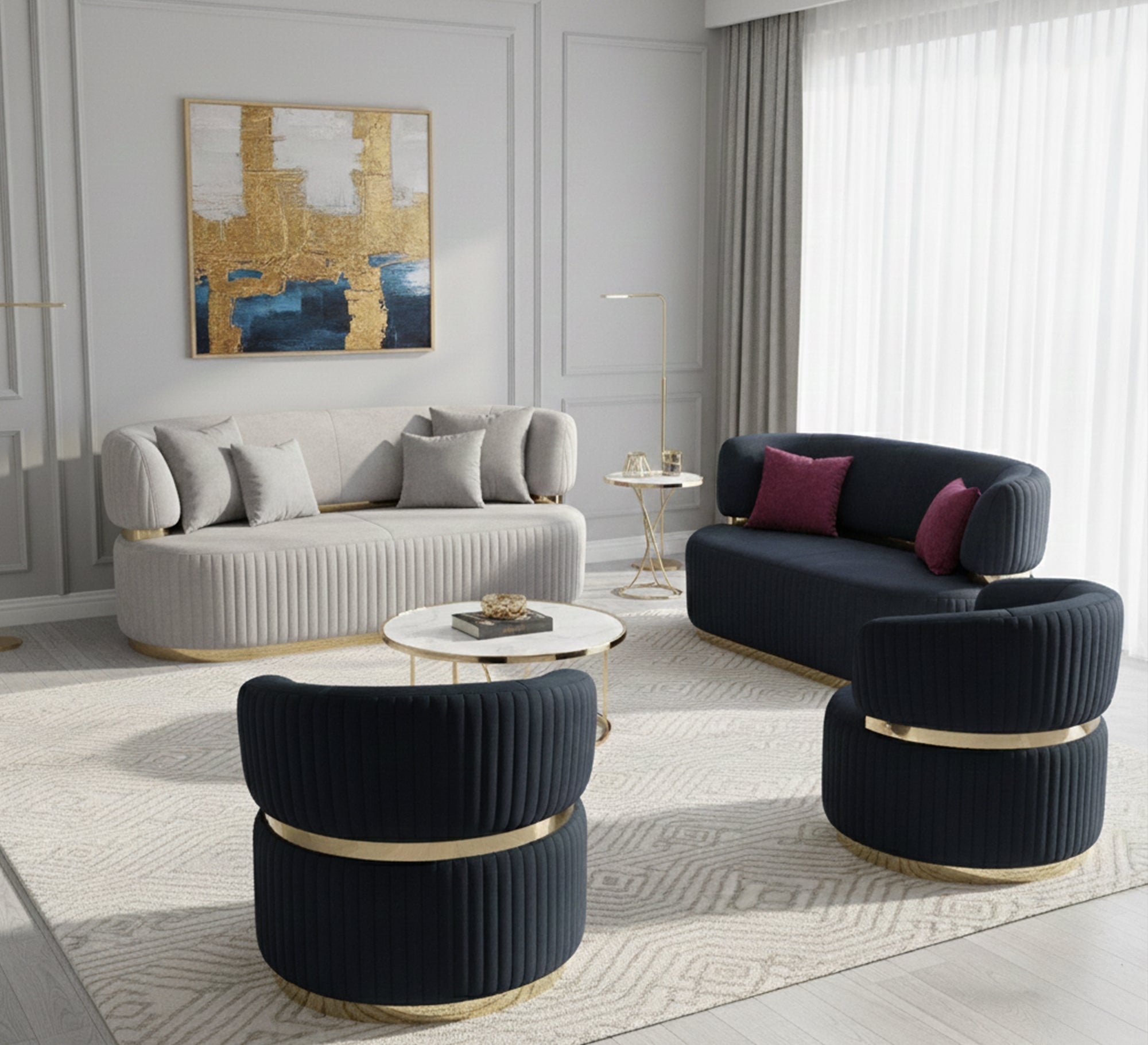 Living Room: Circular Bases, Blue & White Elegance - Vitrine Furniture - Living room sets