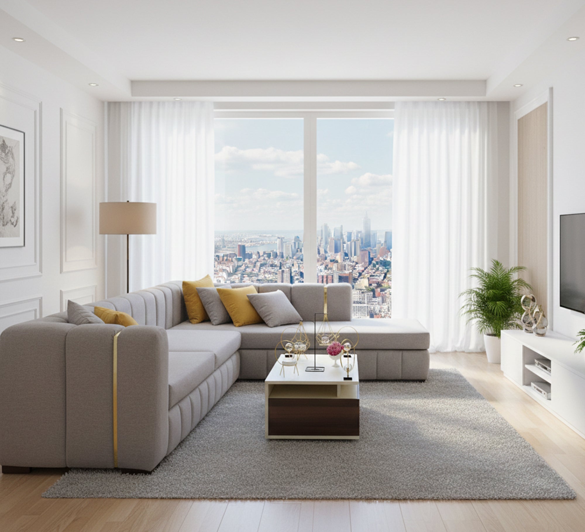 Living room corner, Grey upholstery, longitudinal stripes - Vitrine Furniture - L - shape sofa set