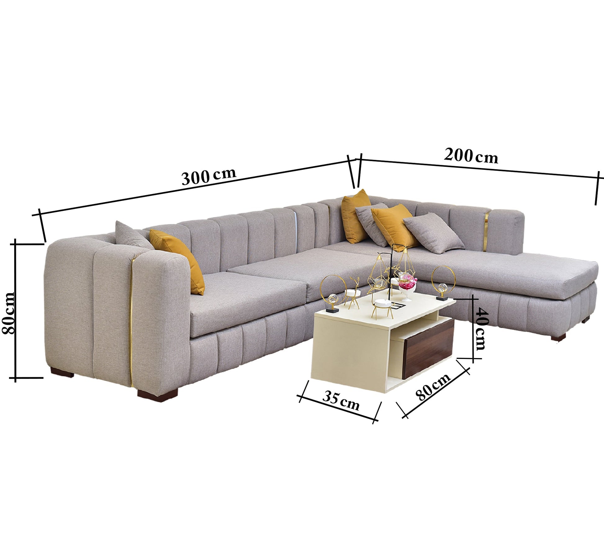 Living room corner, light brown upholstery, longitudinal stripes - Vitrine Furniture - L - shape sofa set