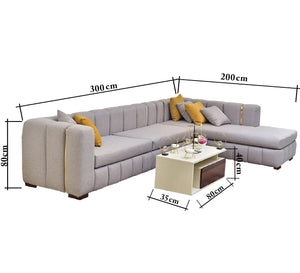 Living room corner, light brown upholstery, longitudinal stripes - Vitrine Furniture - L - shape sofa set