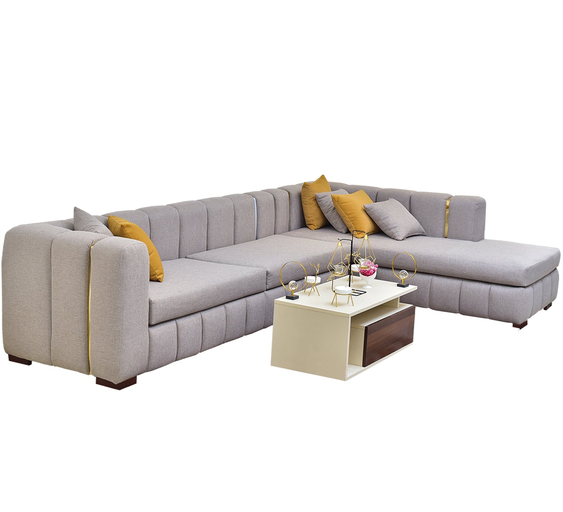 Living room corner, light brown upholstery, longitudinal stripes - Vitrine Furniture - L - shape sofa set