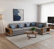 living room corner with wooden armrests - Vitrine Furniture - L - shape sofa set