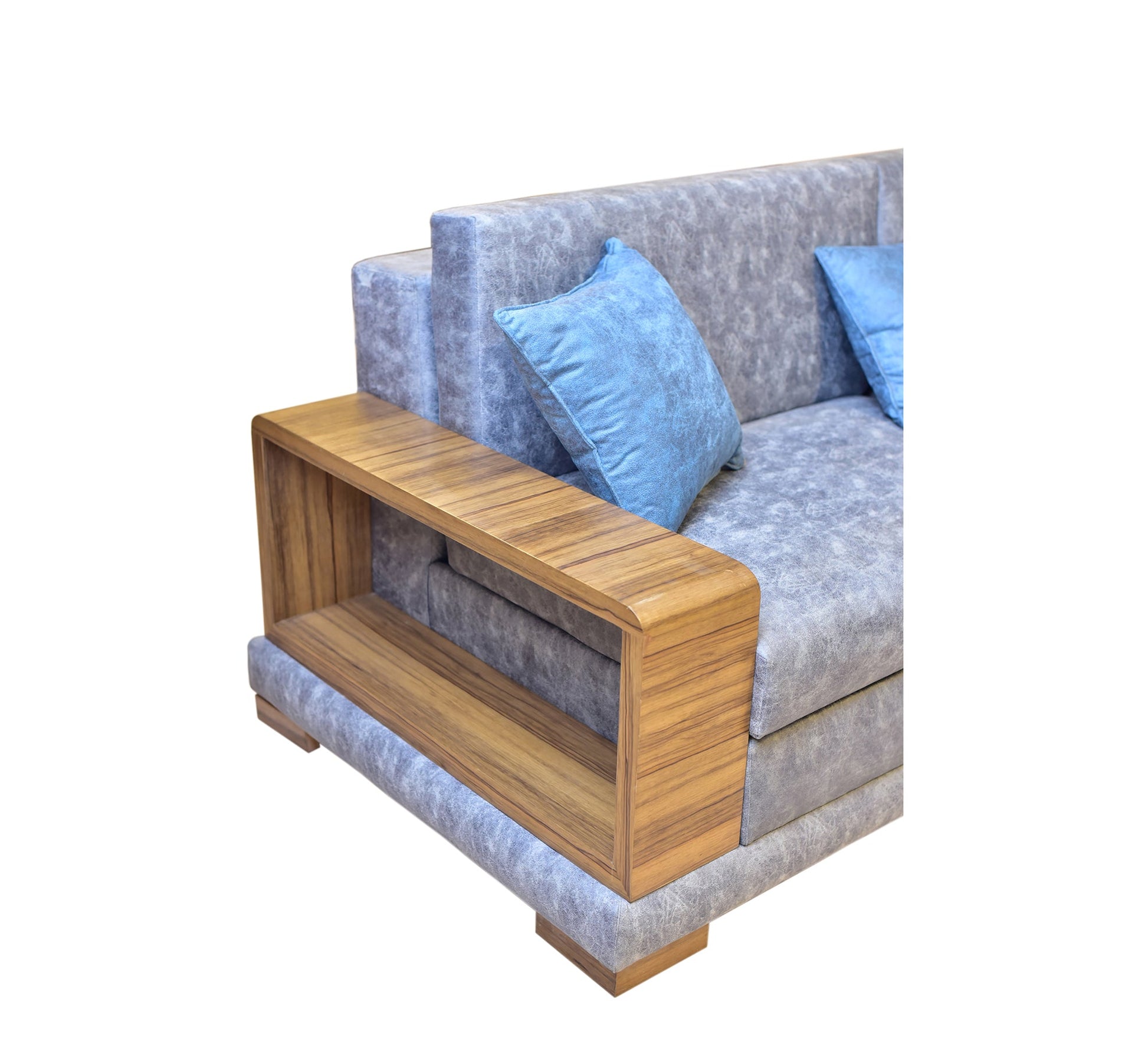 living room corner with wooden armrests - Vitrine Furniture - L - shape sofa set