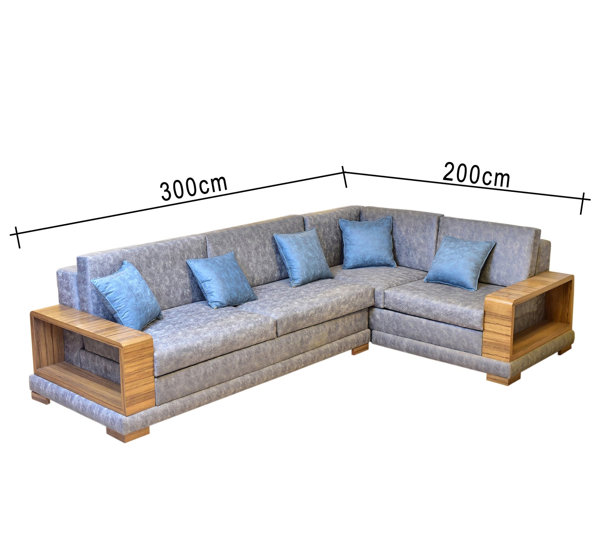 living room corner with wooden armrests - Vitrine Furniture - L - shape sofa set