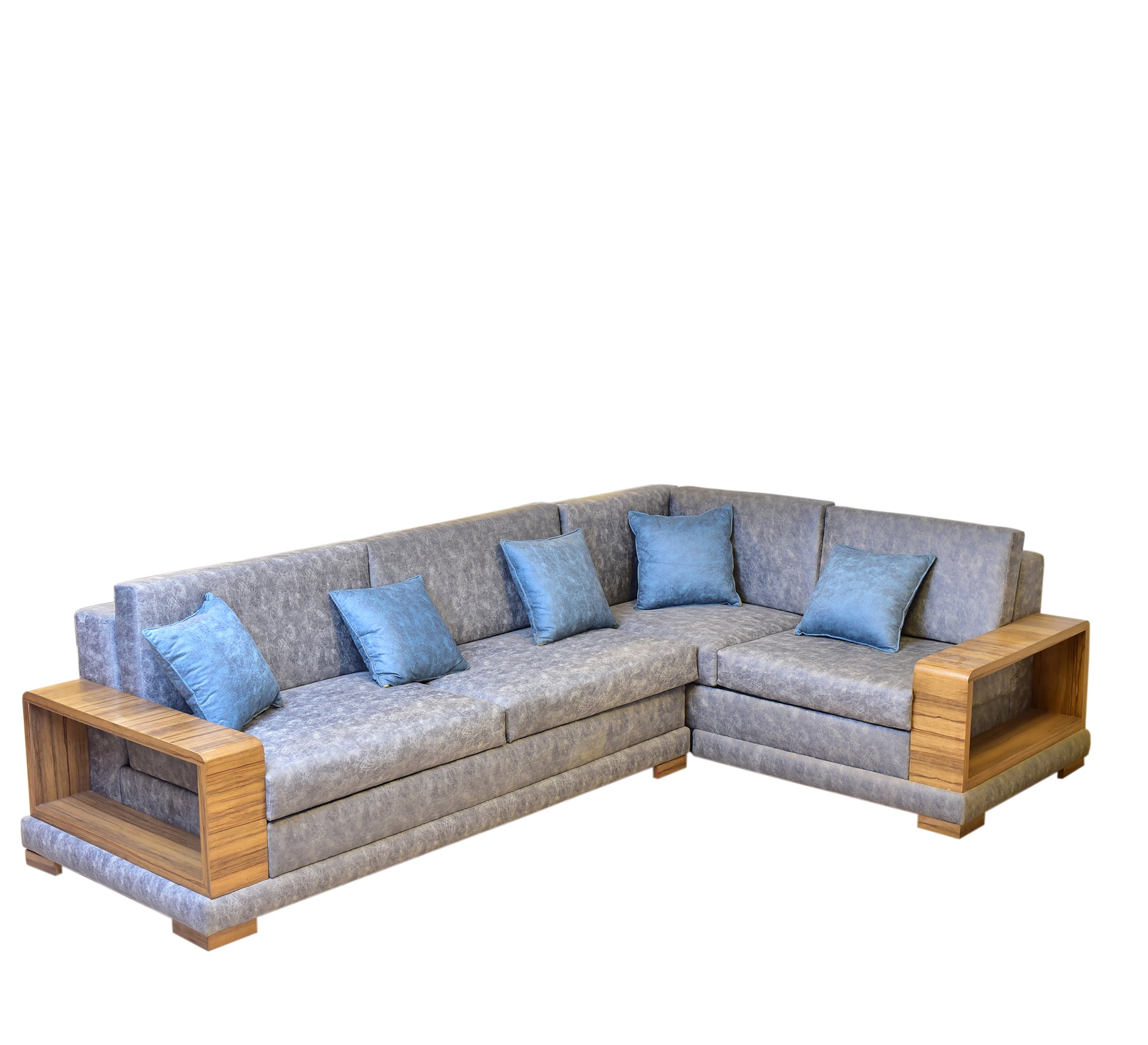 living room corner with wooden armrests - Vitrine Furniture - L - shape sofa set