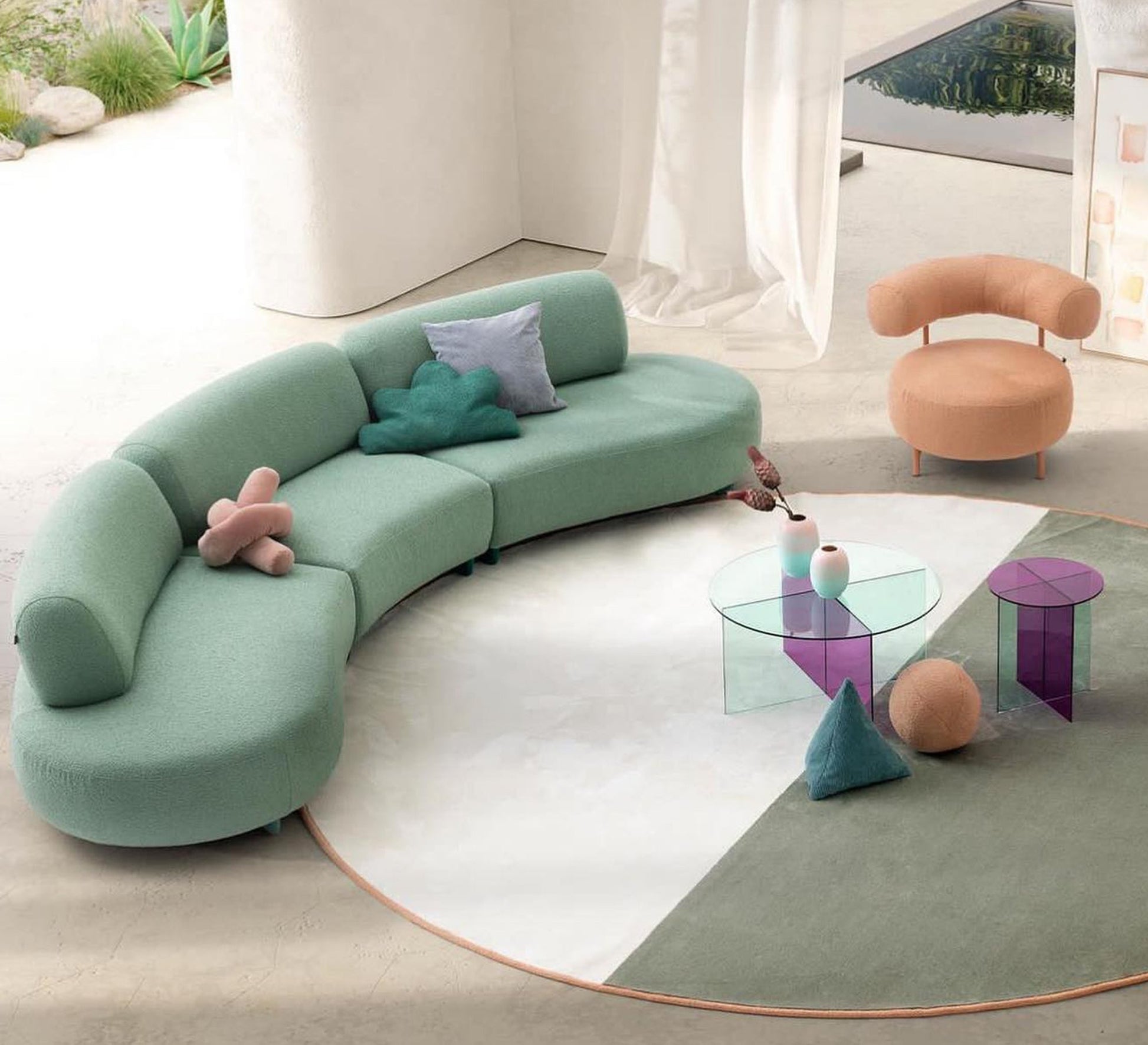 Living room: curved sofa and circular chair - Vitrine Furniture - Furniture