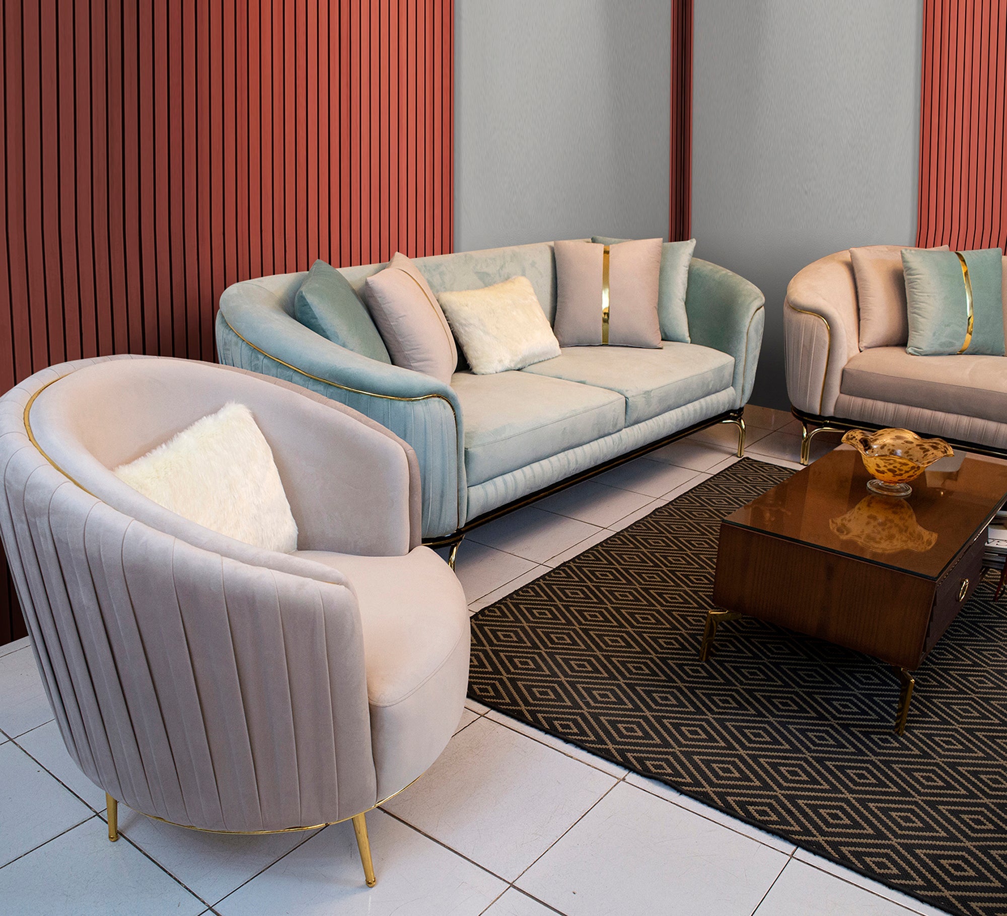 Living room with round armrests covered in elegant gold accents - Vitrine Furniture - Living room sets