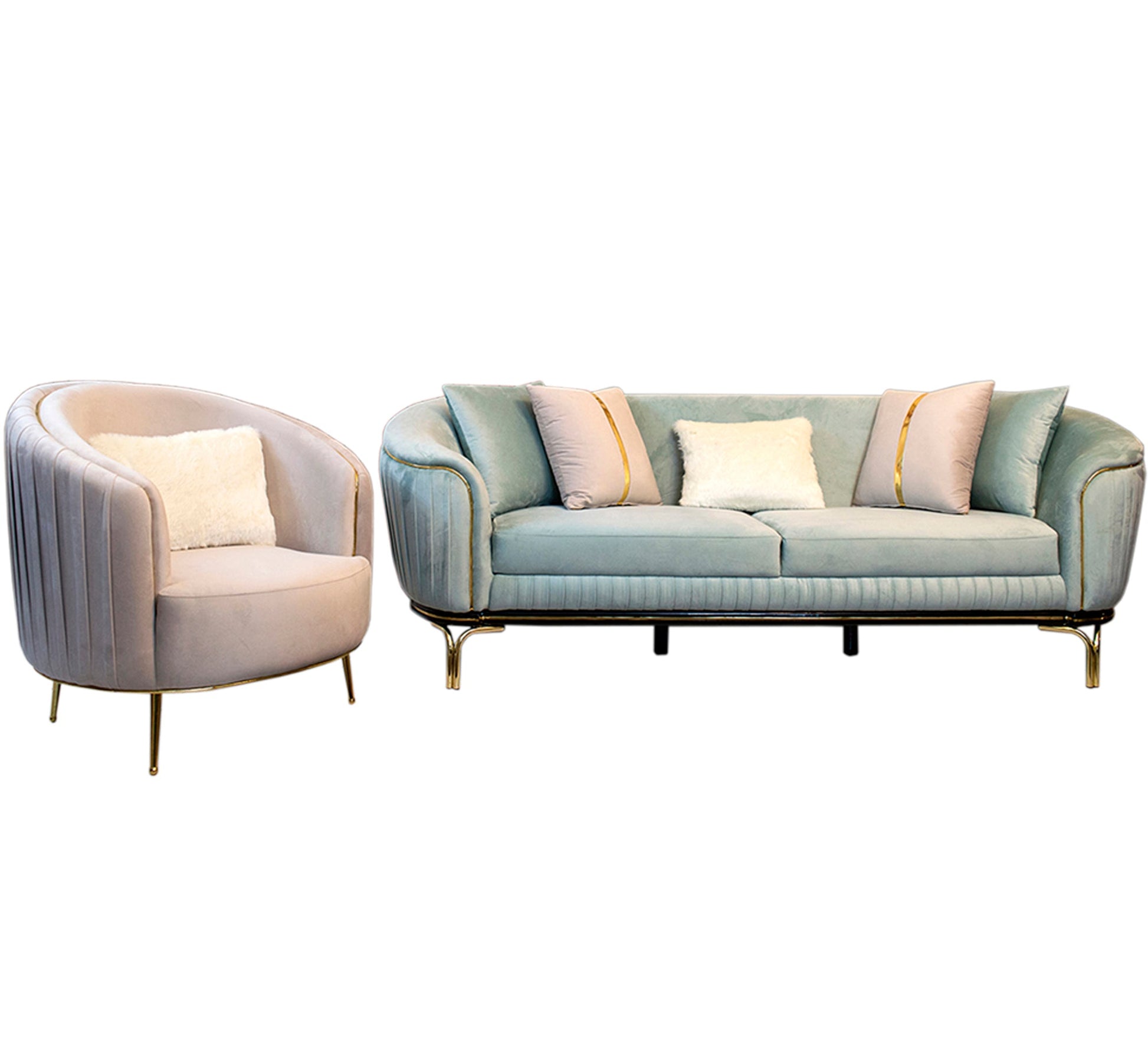 Living room with round armrests covered in elegant gold accents - Vitrine Furniture - Living room sets