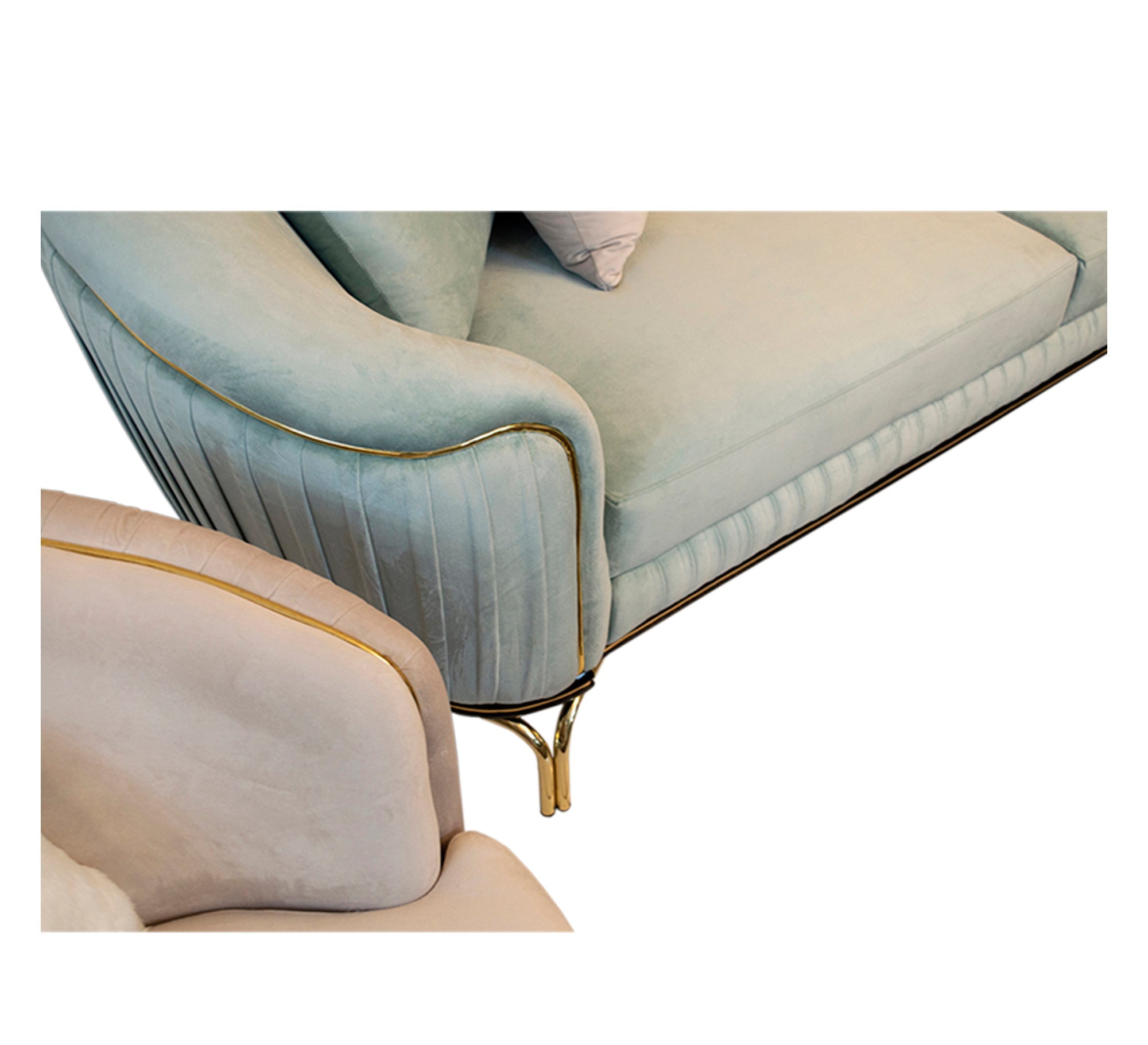 Living room with round armrests covered in elegant gold accents - Vitrine Furniture - Living room sets