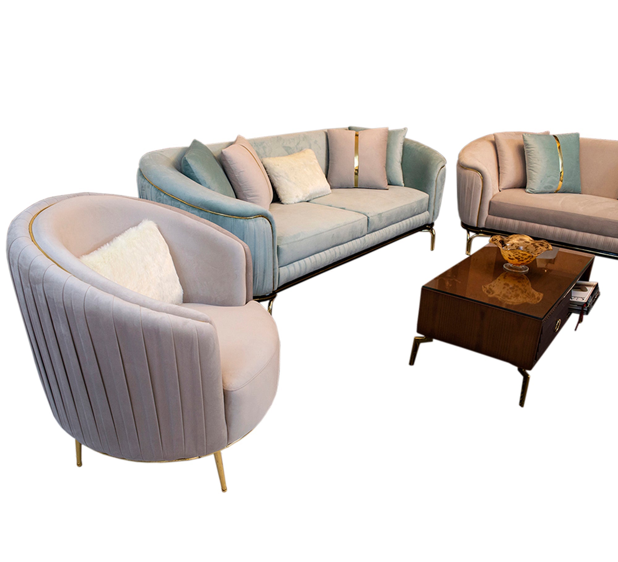 Living room with round armrests covered in elegant gold accents - Vitrine Furniture - Living room sets