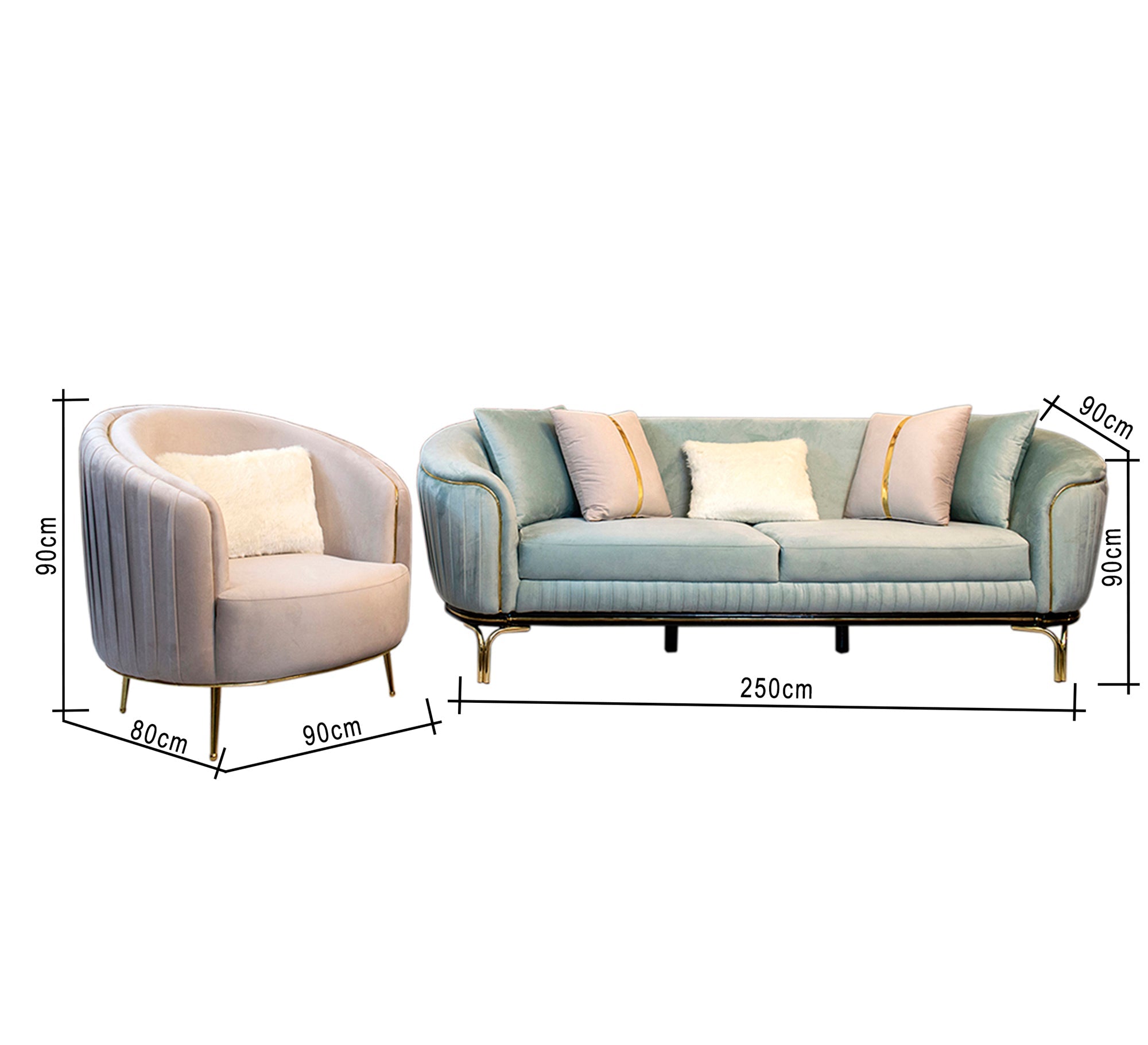 Living room with round armrests covered in elegant gold accents - Vitrine Furniture - Living room sets