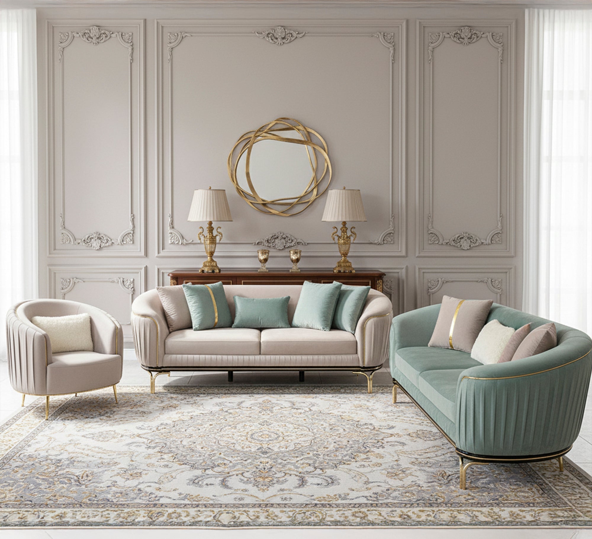 Living room with round armrests covered in elegant gold accents - Vitrine Furniture - Living room sets