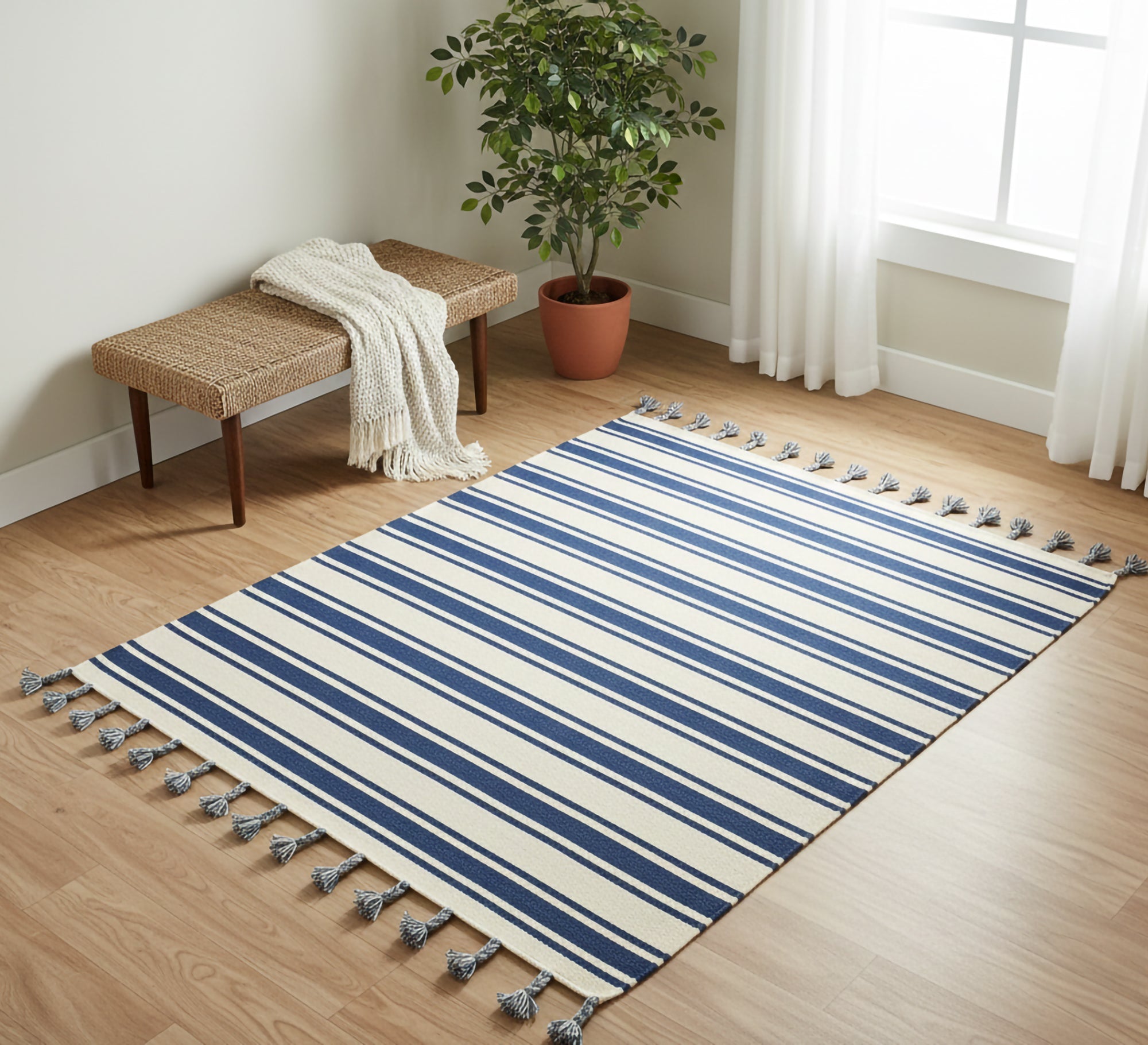 Long parallel striped rug in white and blue - Vitrine Furniture - Accessories