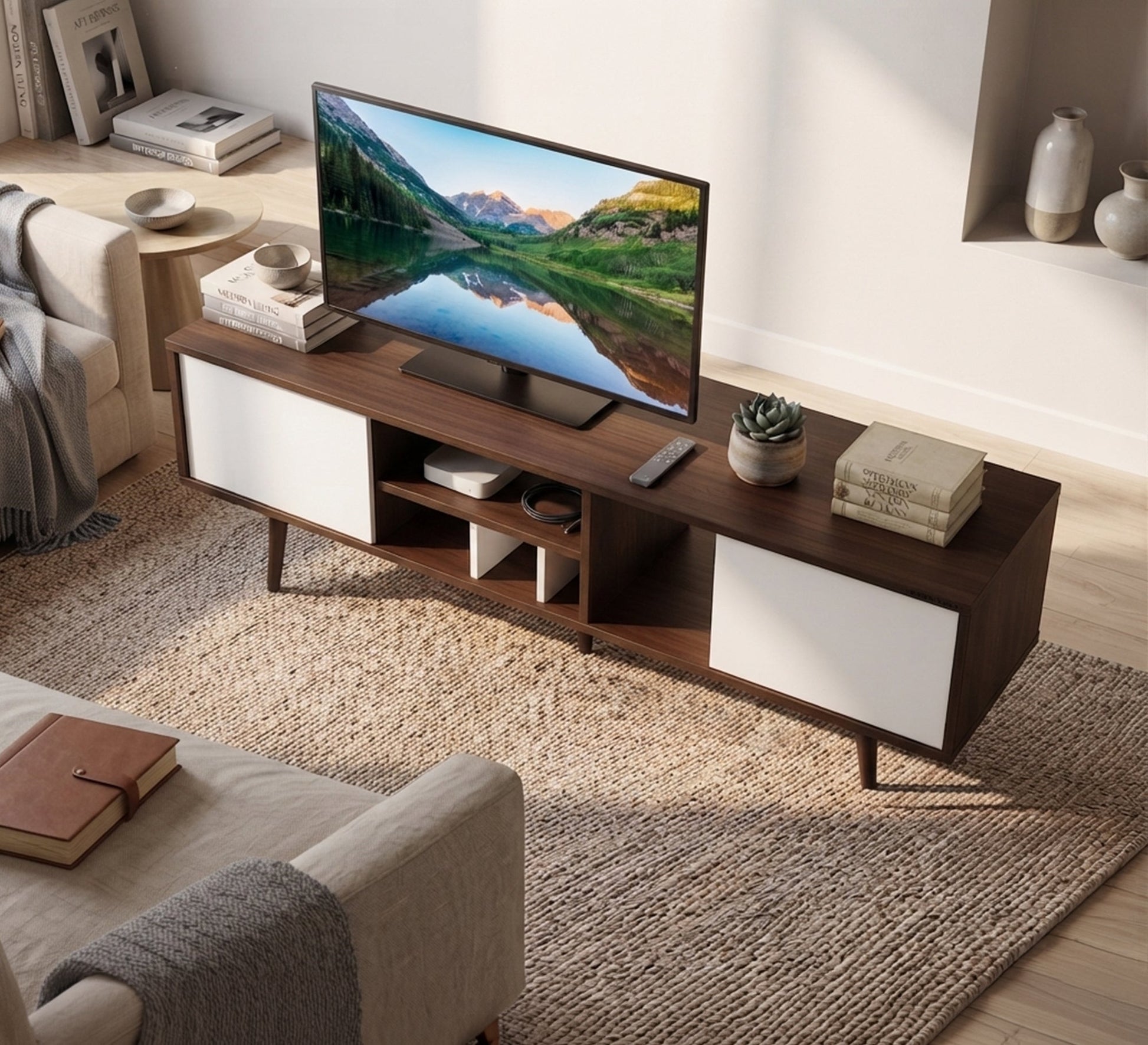 Long TV stand with sturdy wooden legs - Vitrine Furniture - TV Table & Cabinet