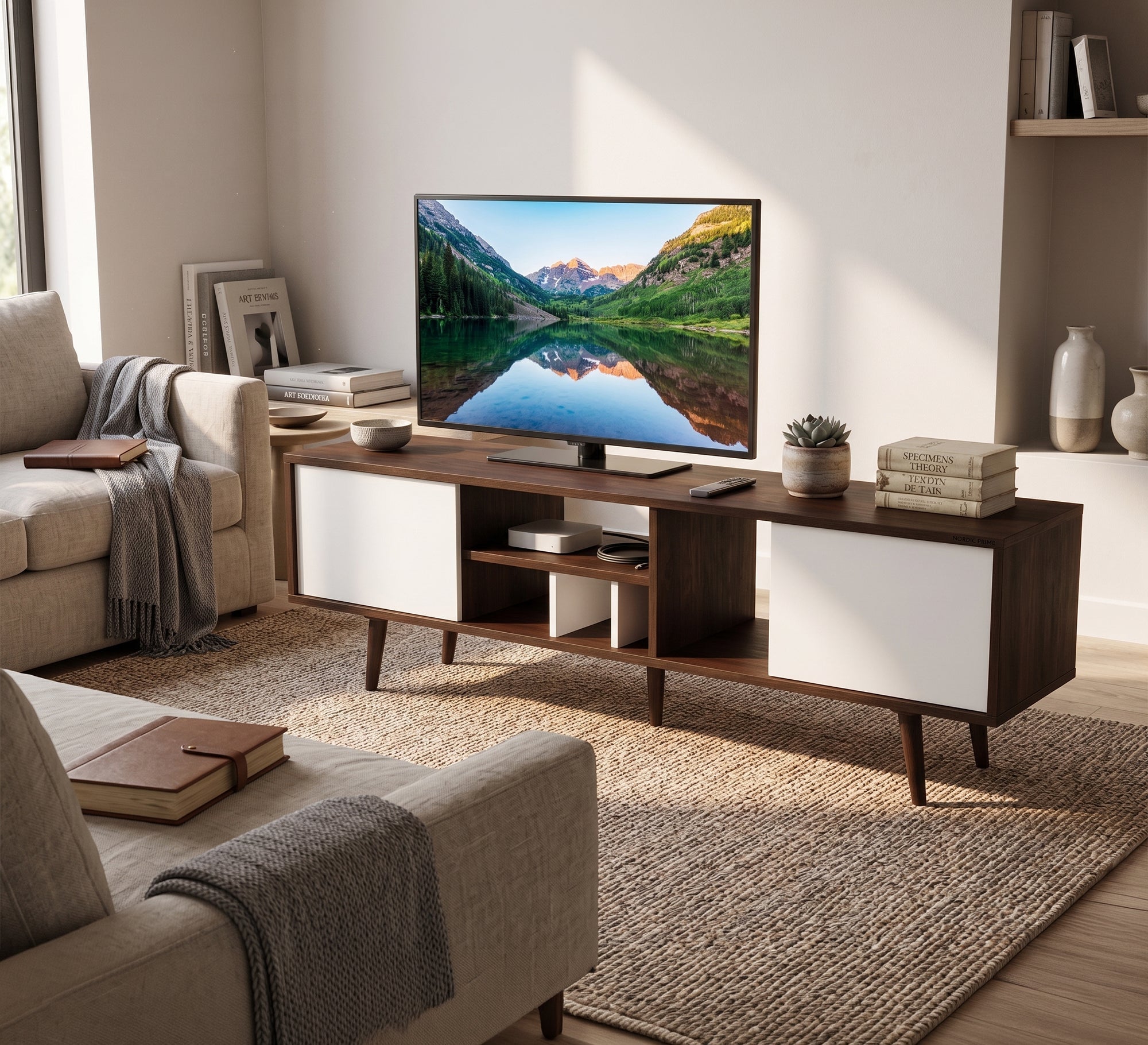 Long TV stand with sturdy wooden legs - Vitrine Furniture - TV Table & Cabinet