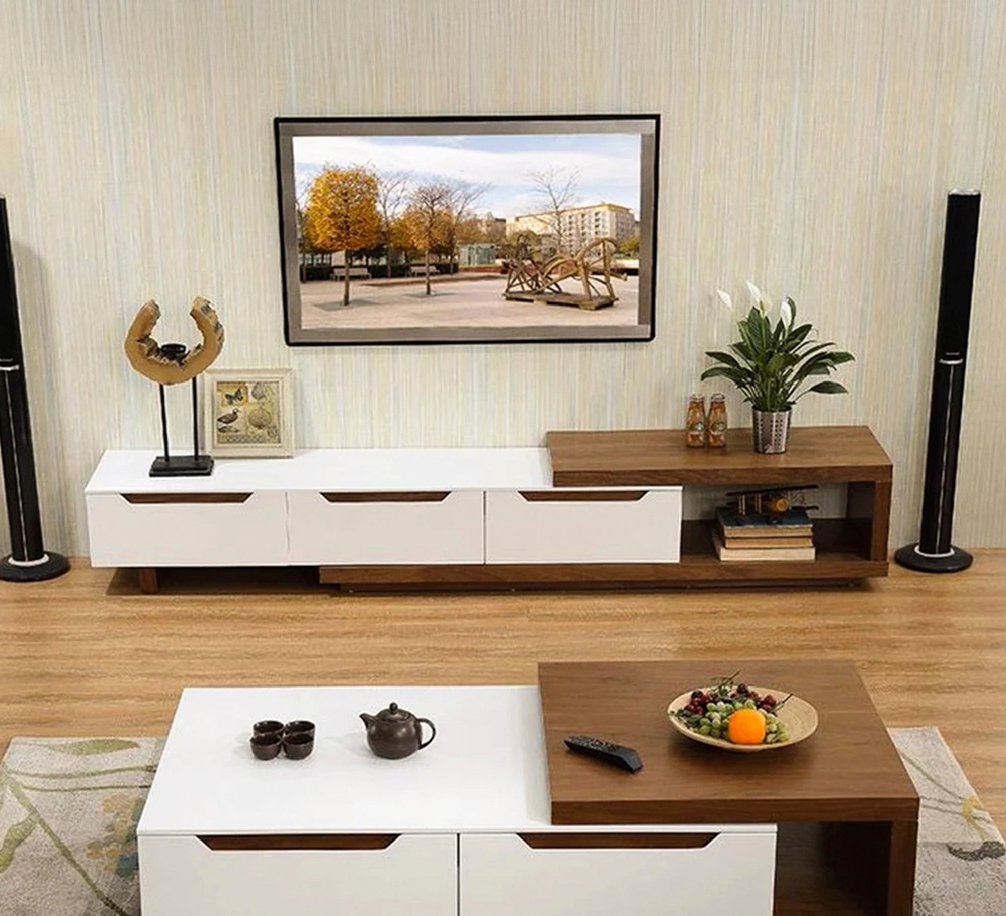 Long TV table in brown and white - Vitrine Furniture - TV Table & Cabinet