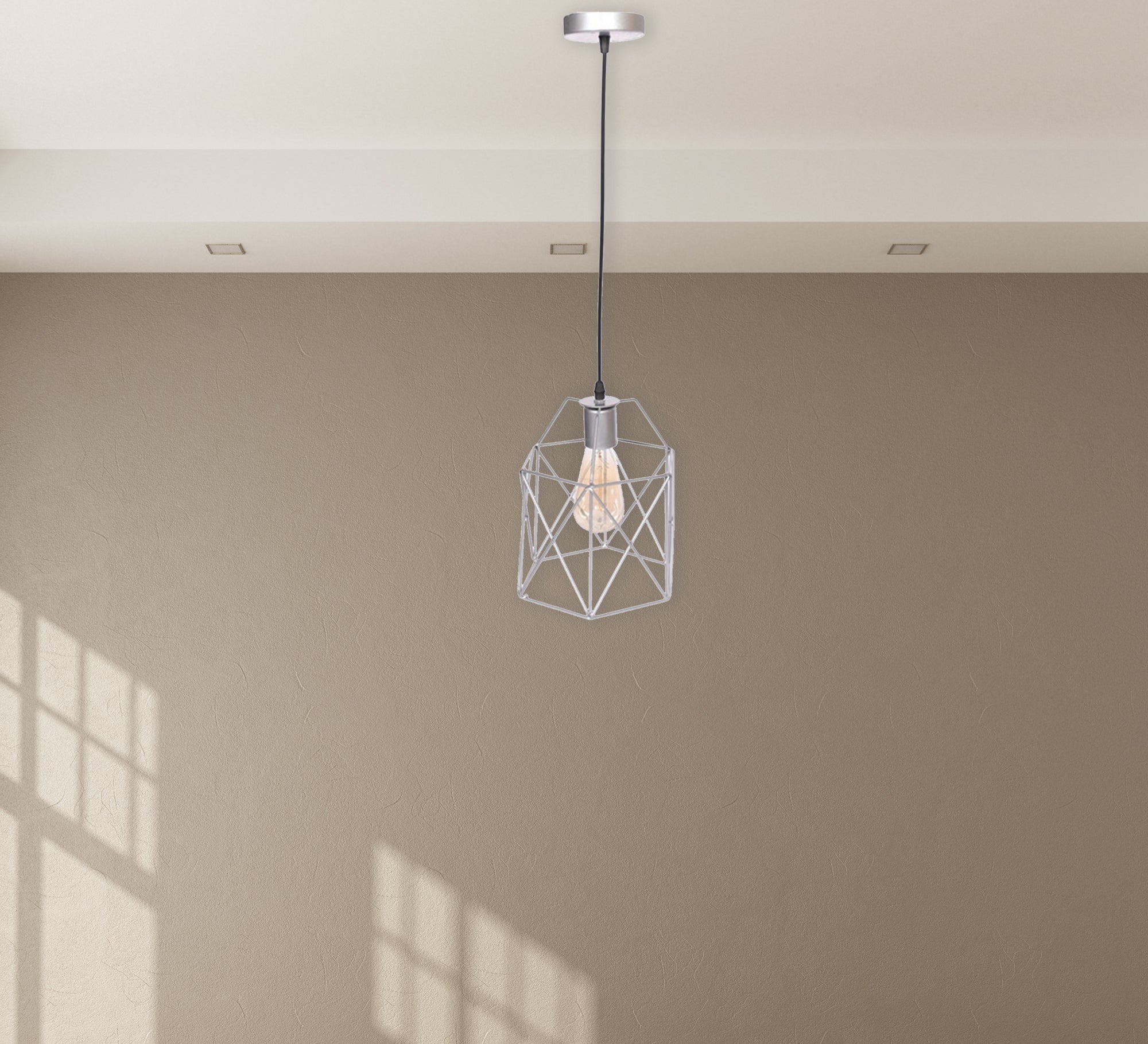 Long wire pendant with silver hollowed out ribbed cage - Vitrine Furniture - Lighting