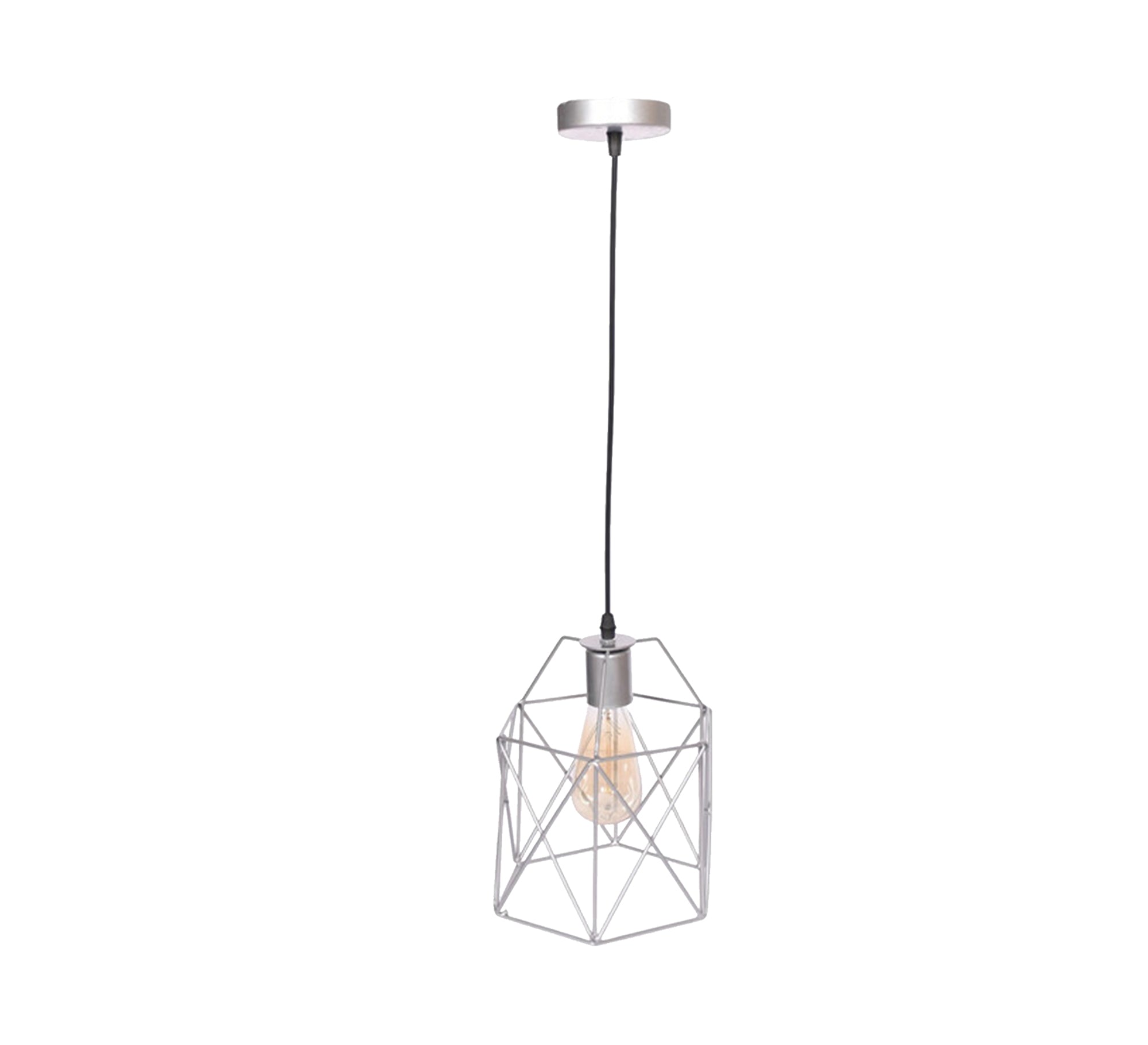 Long wire pendant with silver hollowed out ribbed cage - Vitrine Furniture - Lighting