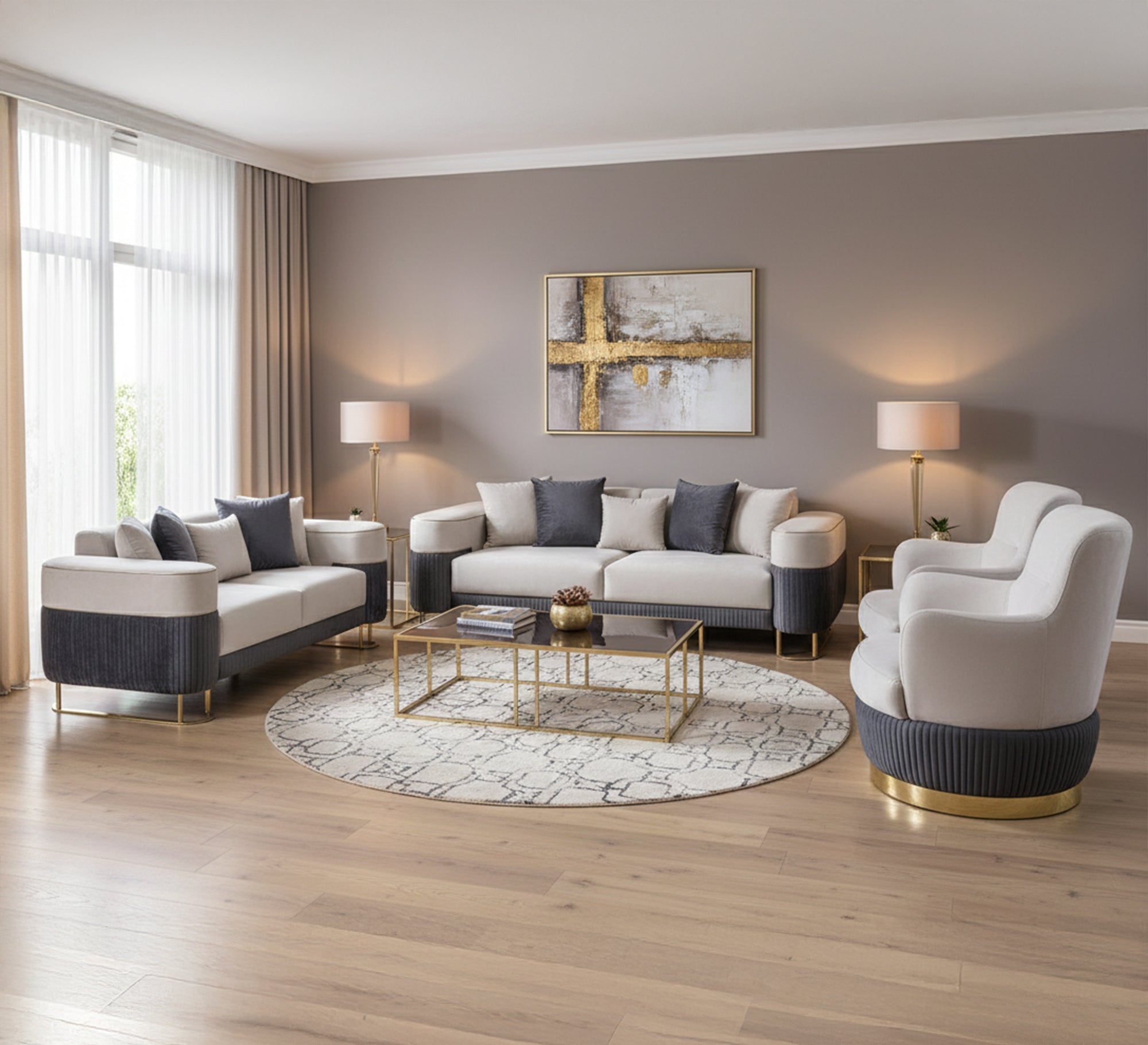 Luxe Living: White & Grey Cushions with Gold Ribbon Trim - Vitrine Furniture - Living room sets