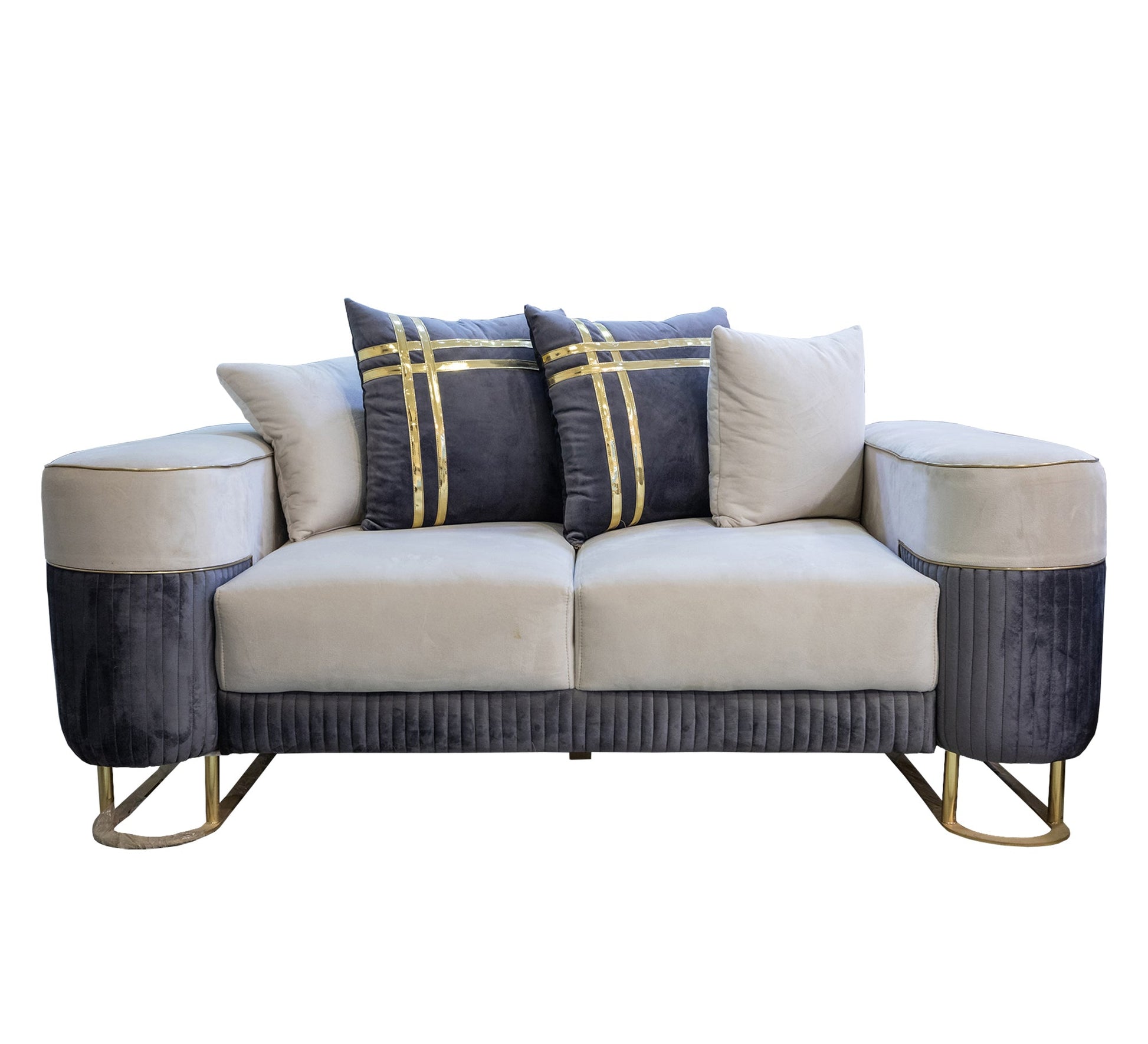 Luxe Living: White & Indigo Cushions with Gold Ribbon Trim - Vitrine Furniture - Living room sets