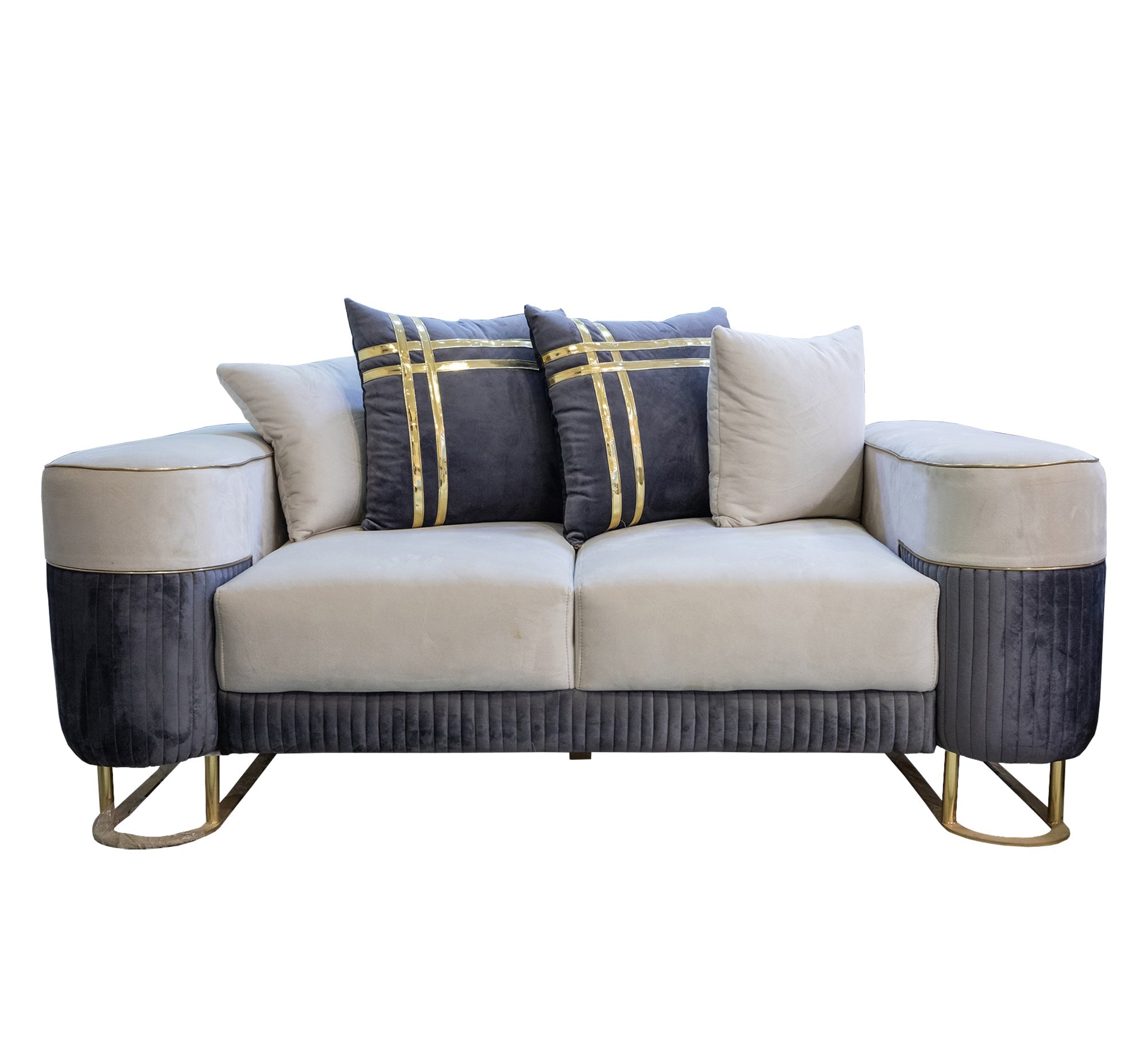 Luxe Living: White & Indigo Cushions with Gold Ribbon Trim - Vitrine Furniture - Living room sets