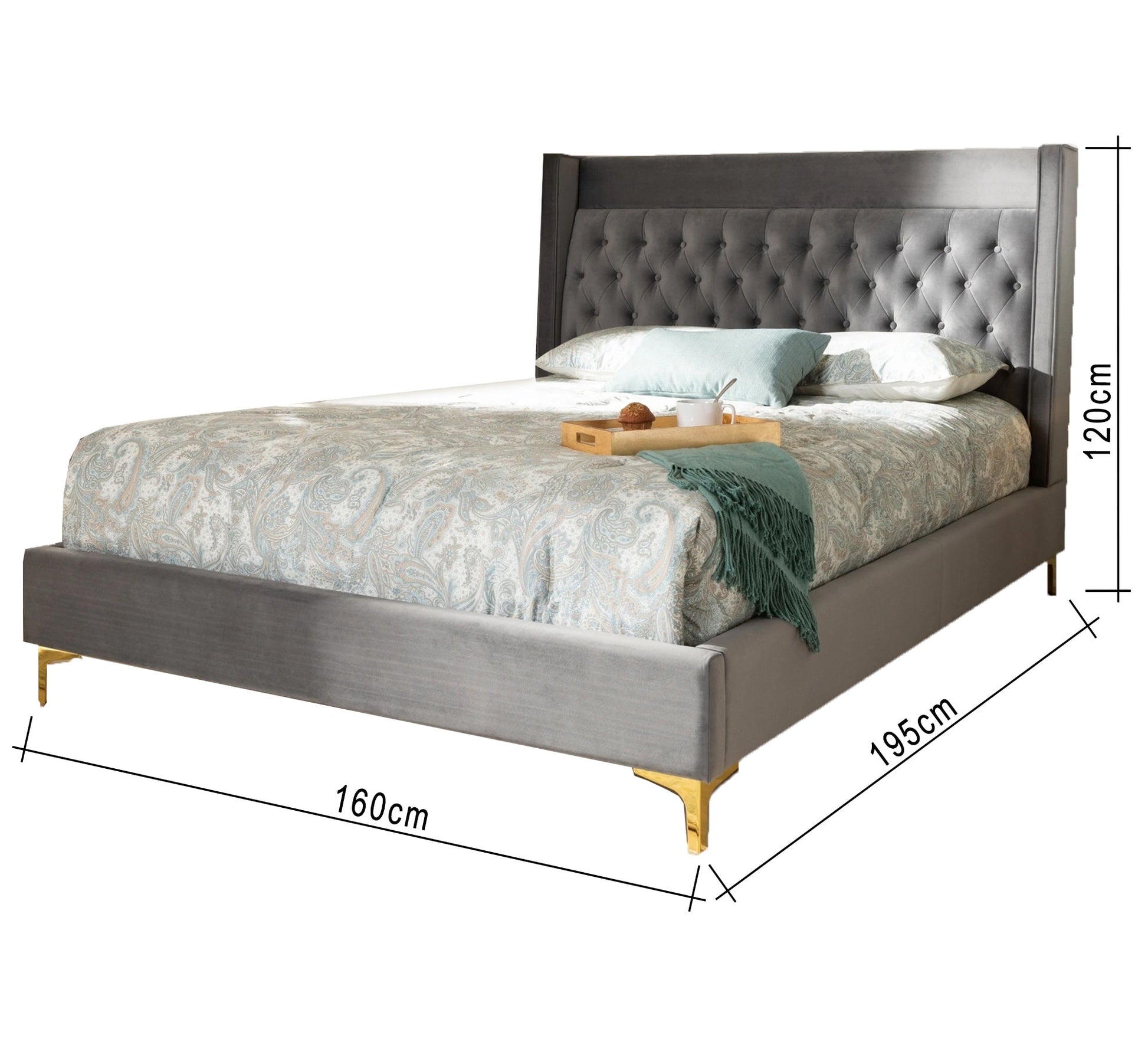 Luxurious velvet bed with elegant golden legs - Vitrine Furniture - Furniture