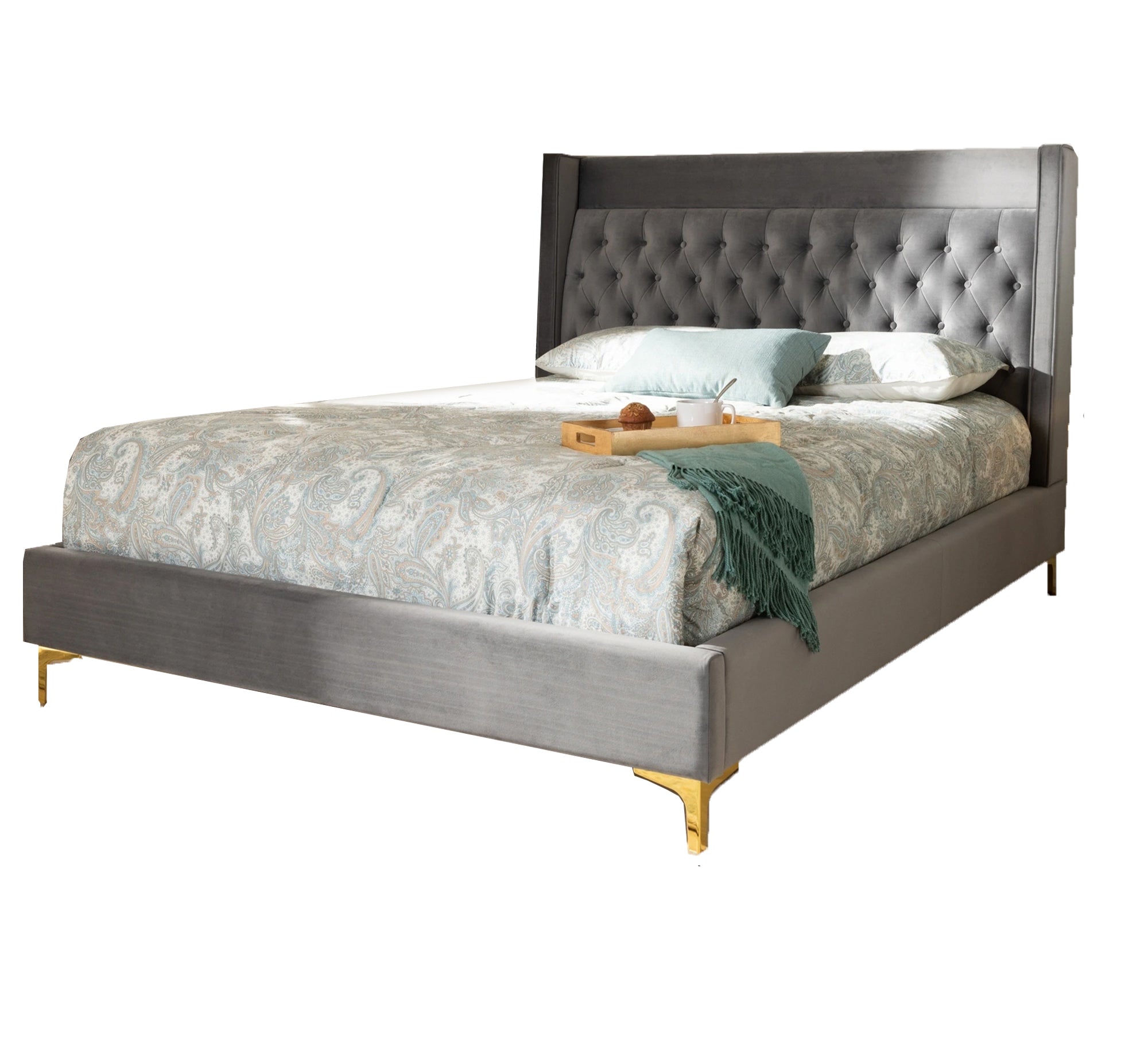 Luxurious velvet bed with elegant golden legs - Vitrine Furniture - Furniture