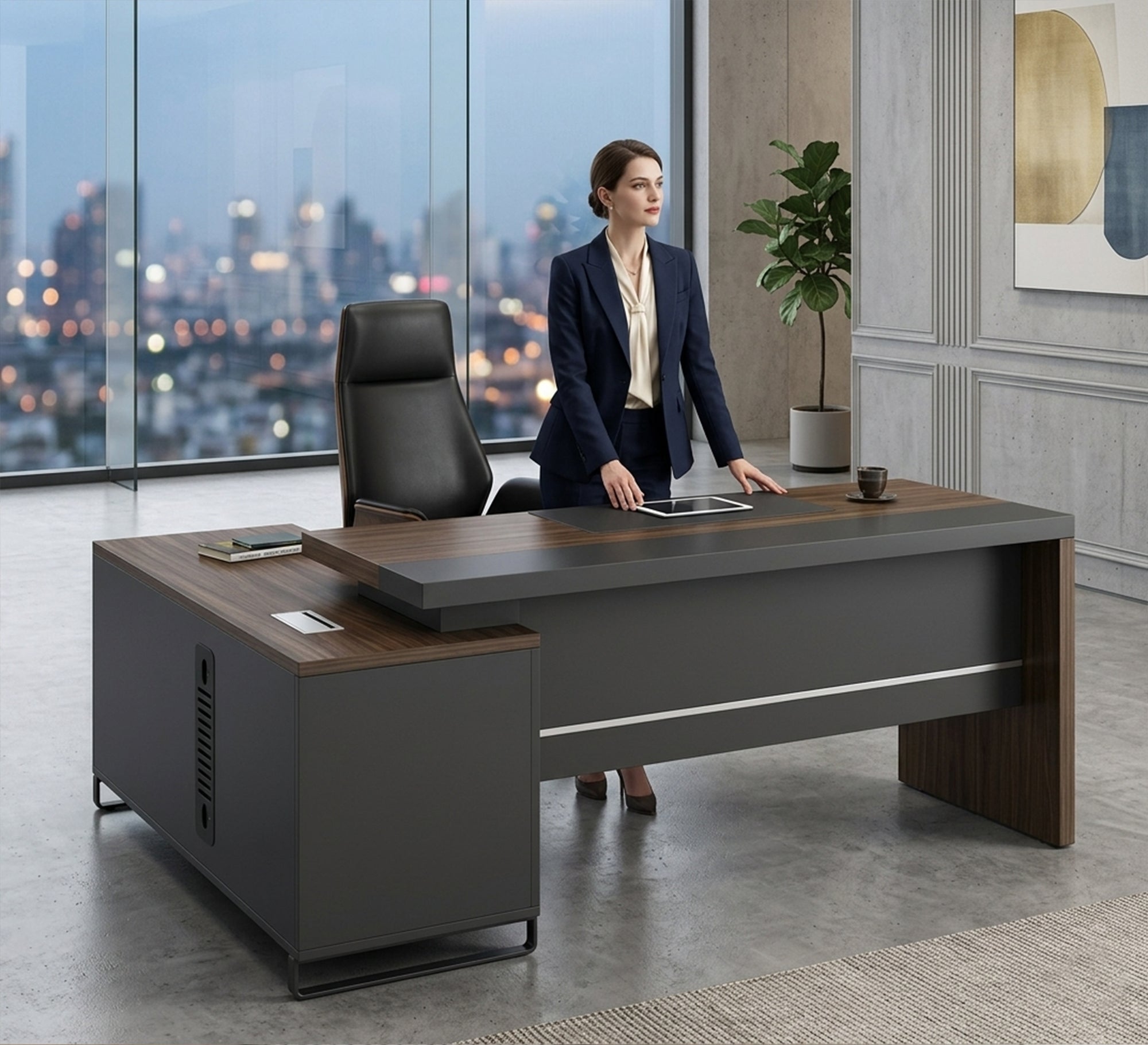 Luxury gray L - shaped executive desk - Vitrine Furniture - Desks