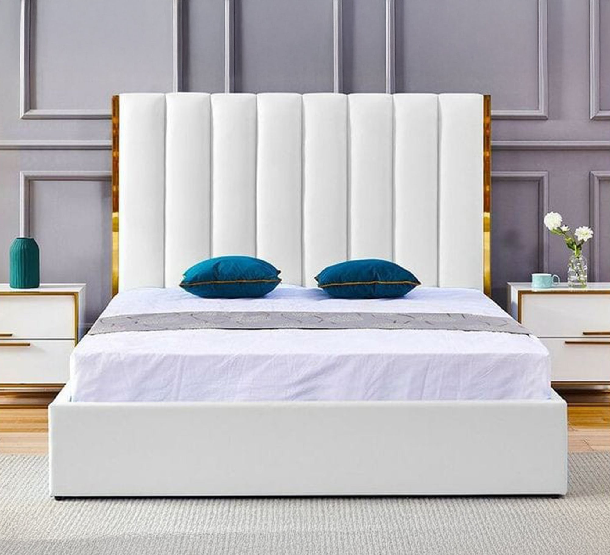 Luxury off - white upholstered bed - Vitrine Furniture - Furniture