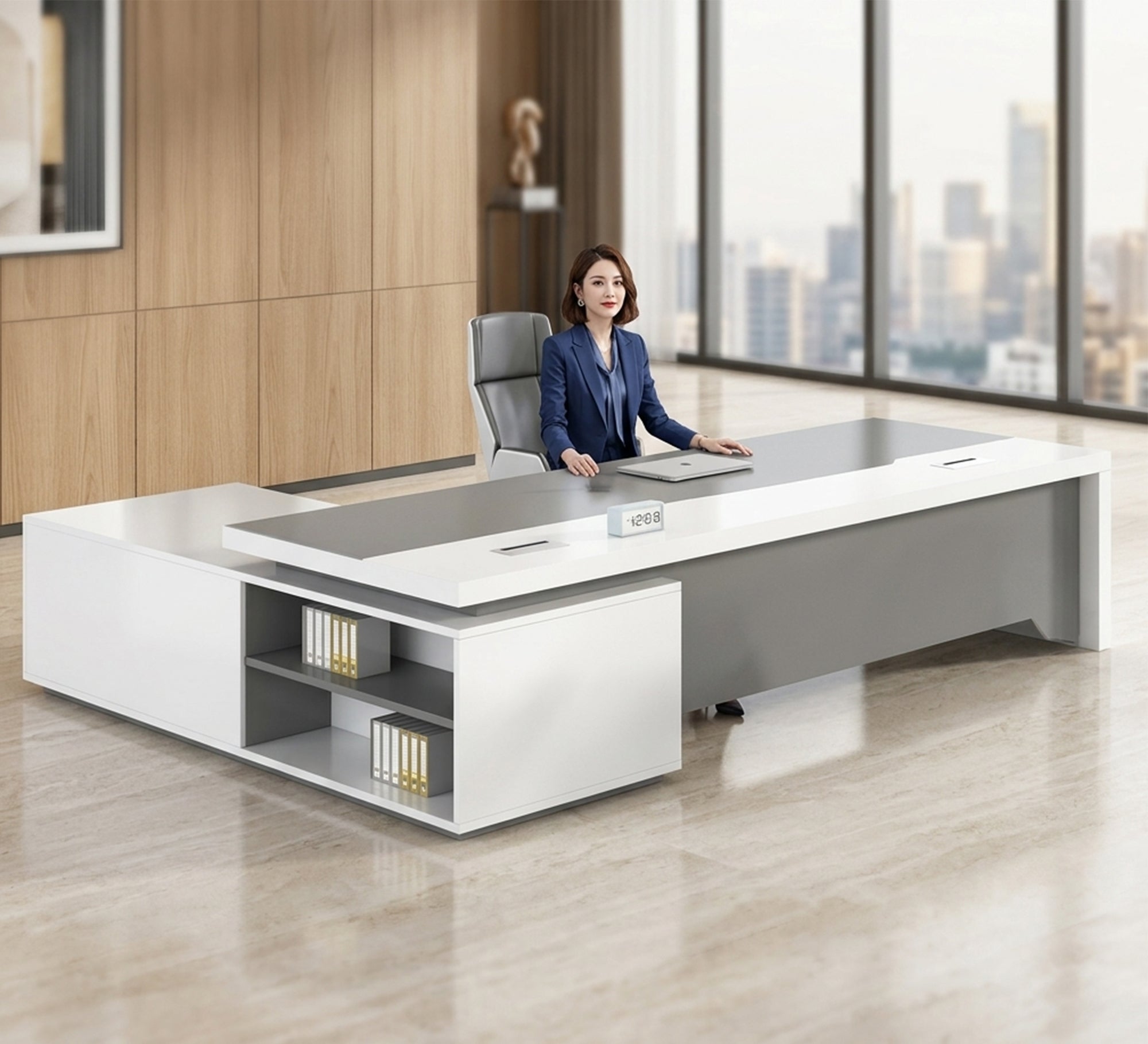 Luxury white L - shaped executive desk - Vitrine Furniture - Desks